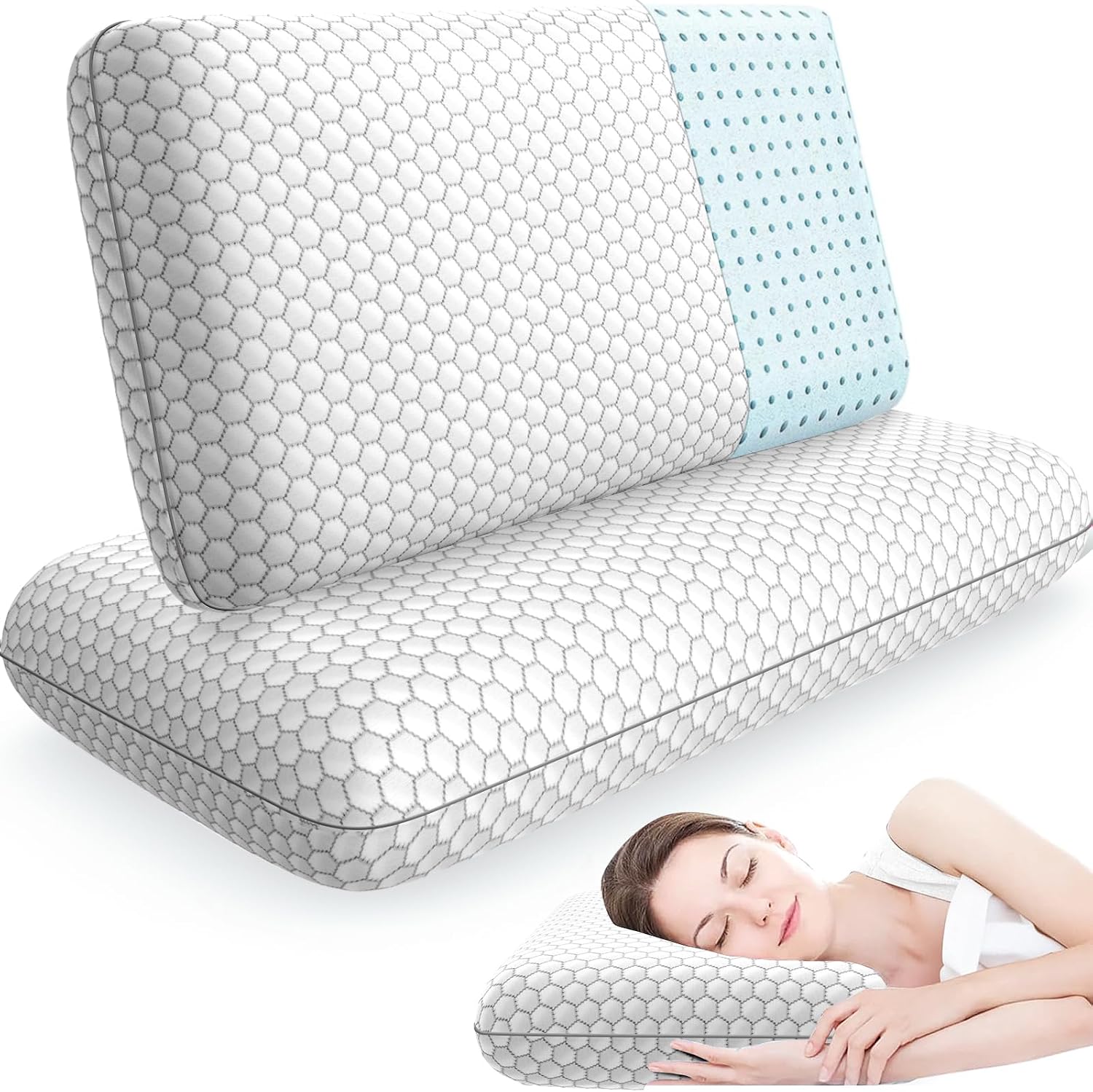 CushyOasis Memory Foam Pillows for Side, Back and Stomach Sleepers, Set of 2, Bed Pillow with Washable Cover and Breathable Mesh, Bed Pillo…