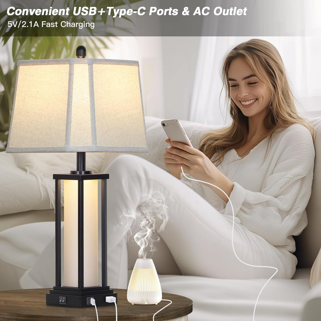Cinkeda 27" Tall Vintage Table Lamp Set of 2 with USB C+A & Outlet, Black Industrial End Table Lamp for Living Room, Farmhouse Rustic…