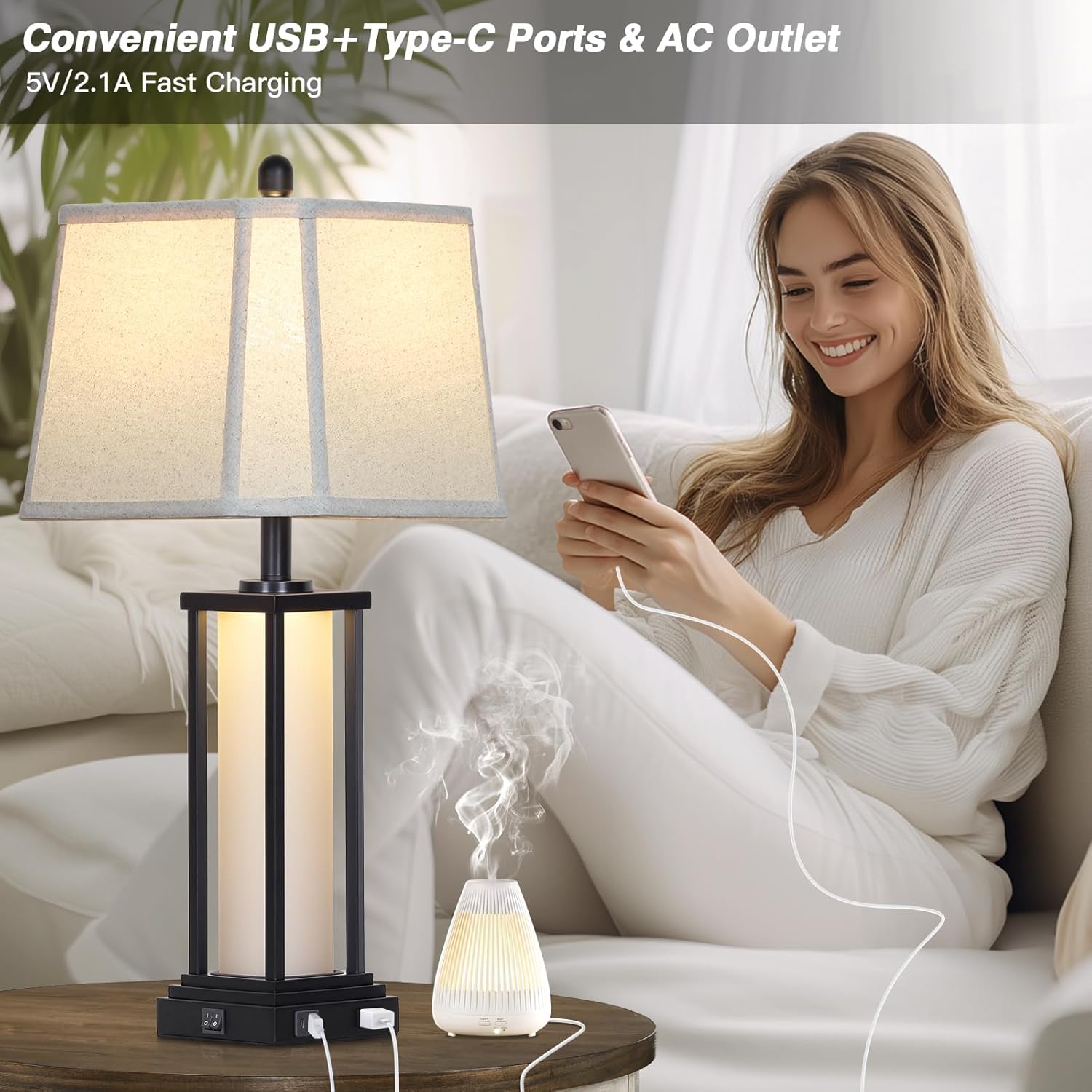 Cinkeda 27" Tall Vintage Table Lamp Set of 2 with USB C+A & Outlet, Black Industrial End Table Lamp for Living Room, Farmhouse Rustic…