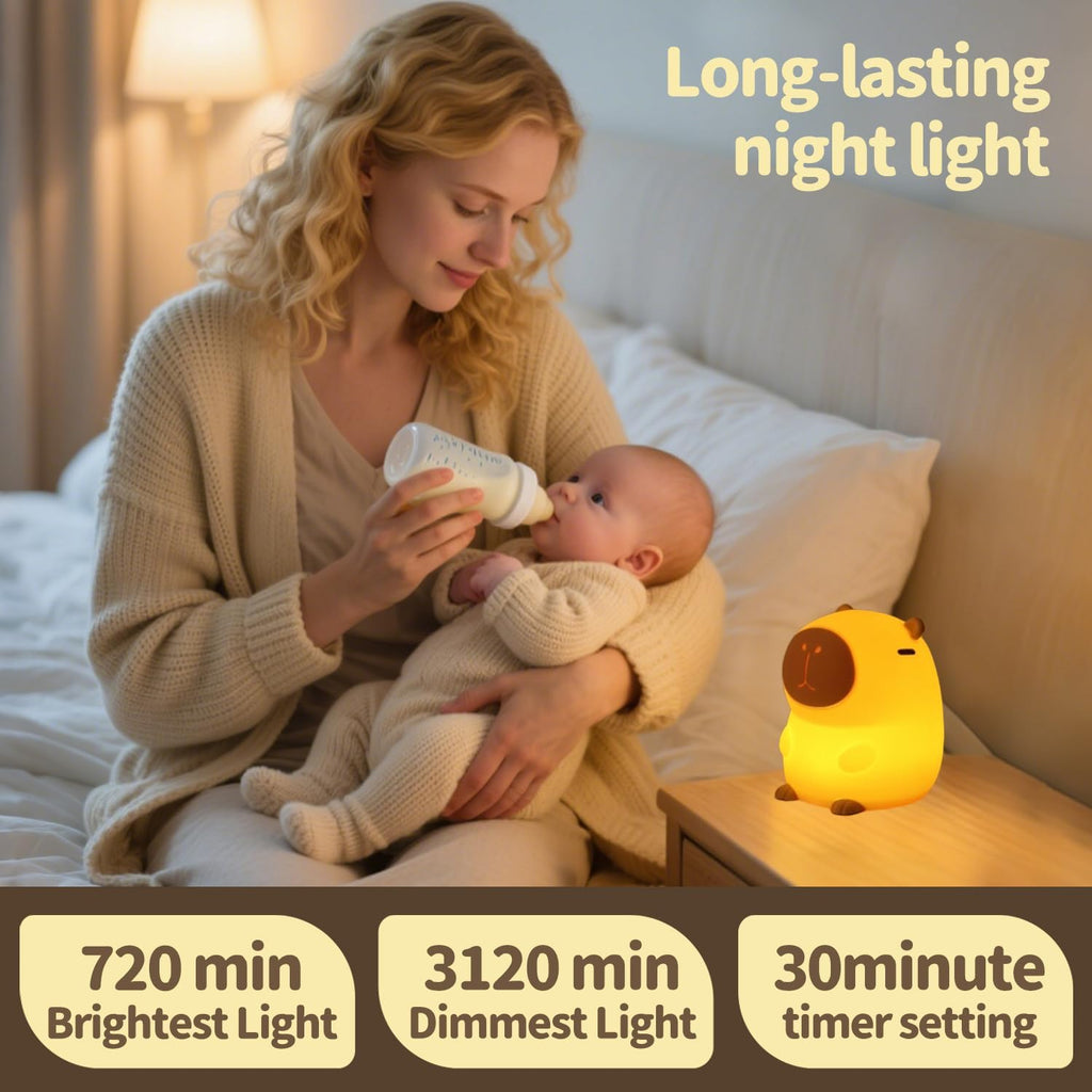 Daixinde Capybara Night Light Squishy, 50Hrs Nursery Night Light, Touch Control 2 Brightness, 30Min Auto-Off, Rechargeable Bedside Lamp for…