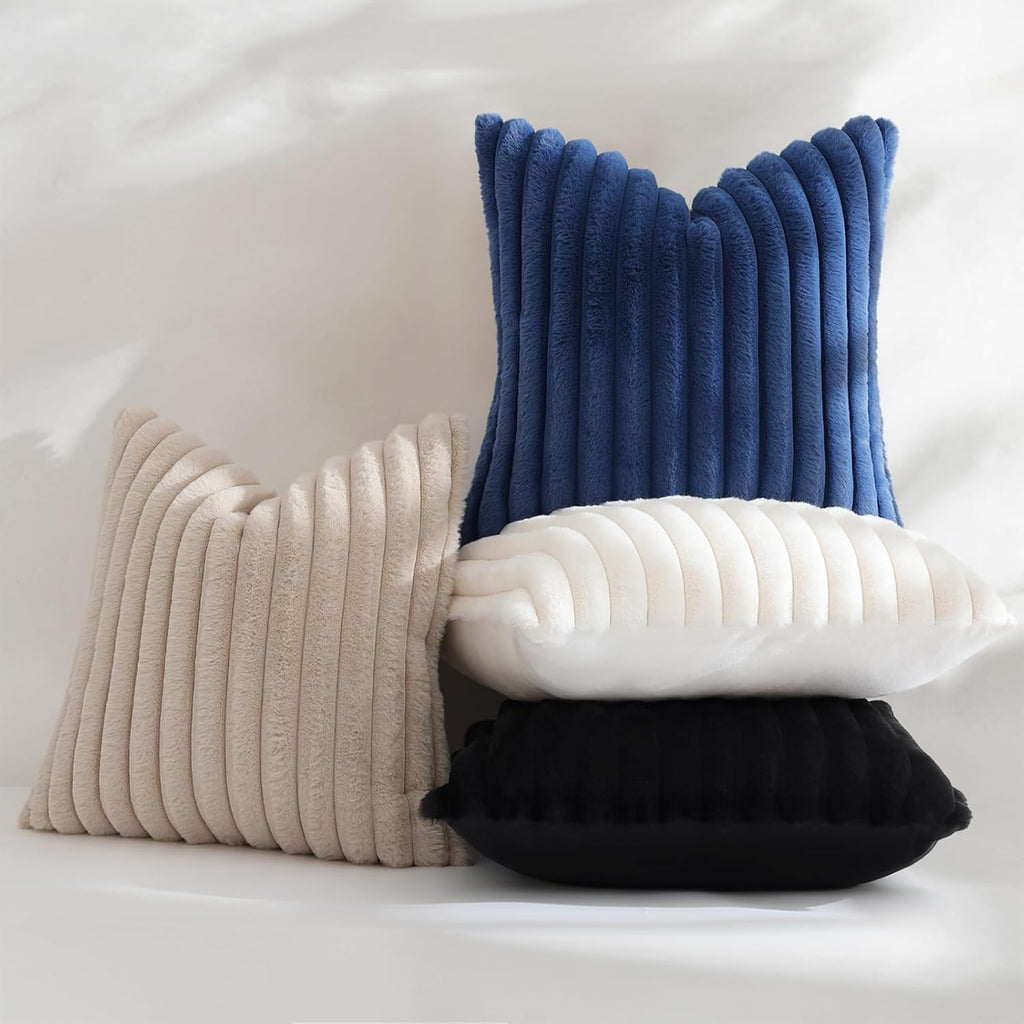 decorUhome Summer Cozy Faux Fur Throw Pillow Covers 24x24 Set of 2 Decorative Soft Plush Striped Modern Farmhouse Boho Couch Euro Sham Pill…