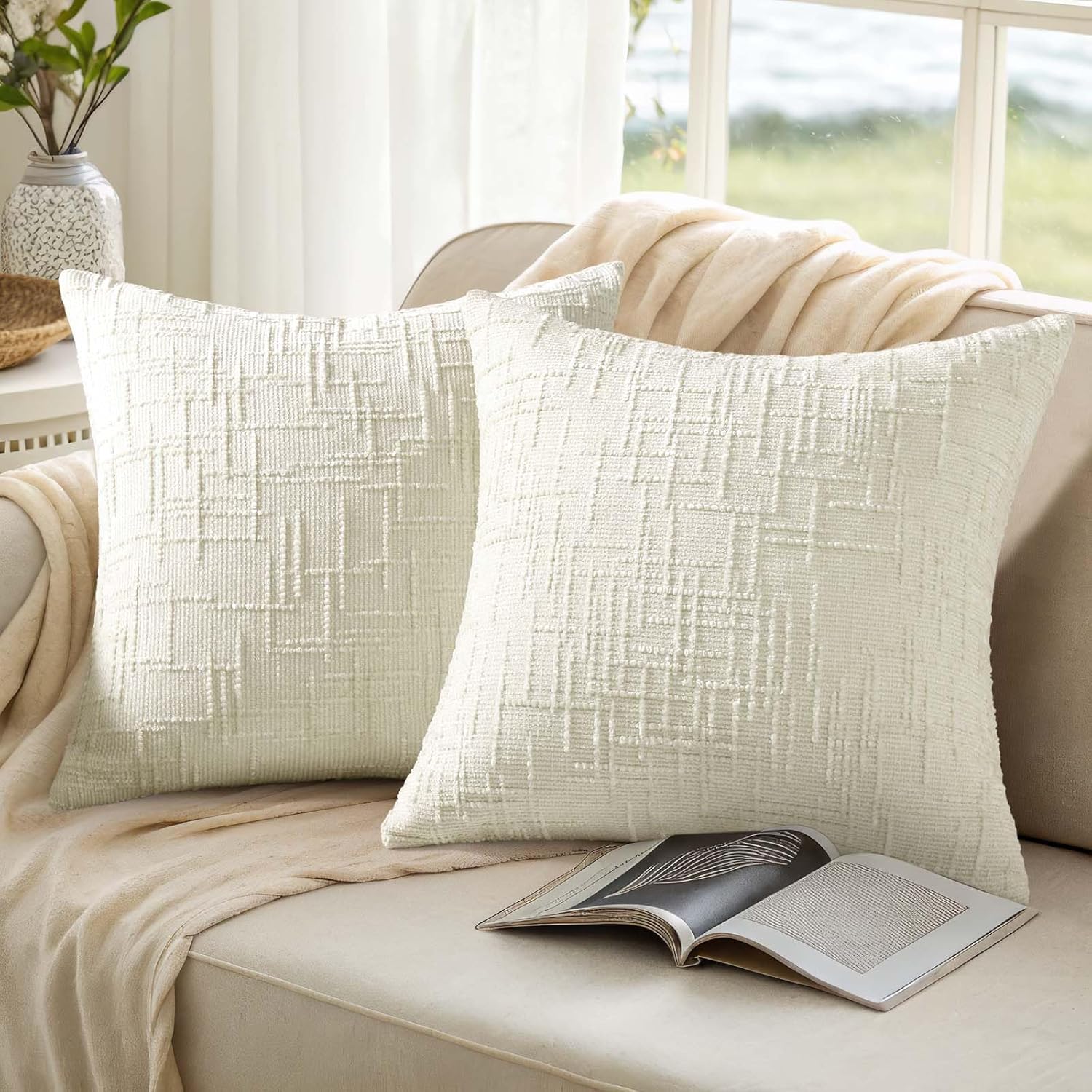 decorUhome Summer Cream White Chenille Euro Sham Throw Pillow Covers 22x22 Set of 2 Textured Soft Cozy Slubby Couch Pillow Covers Modern Fa…