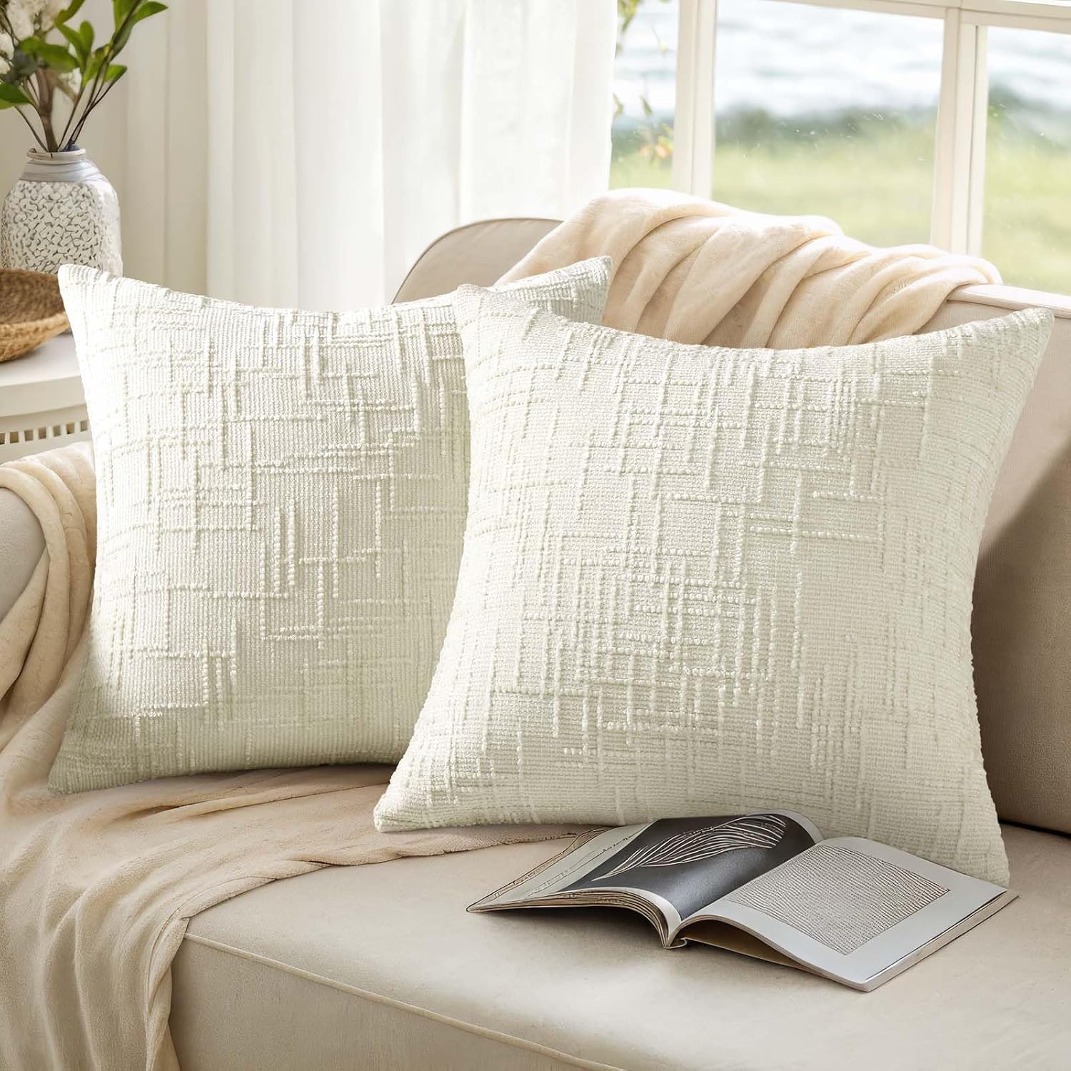 decorUhome Summer Cream White Chenille Euro Sham Throw Pillow Covers 26x26 Set of 2 Textured Soft Cozy Slubby Couch Pillow Covers Modern Fa…