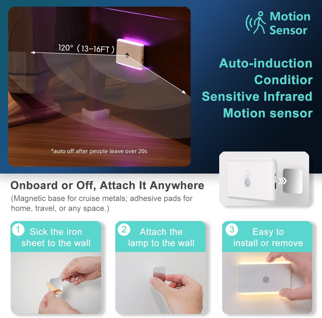 Laidolaila 2-Pack Motion Sensor Night Light – Cruise Approved, Magnetic & Rechargeable with USB, RGB Color-Changing Modes, LED Auto Nightli…