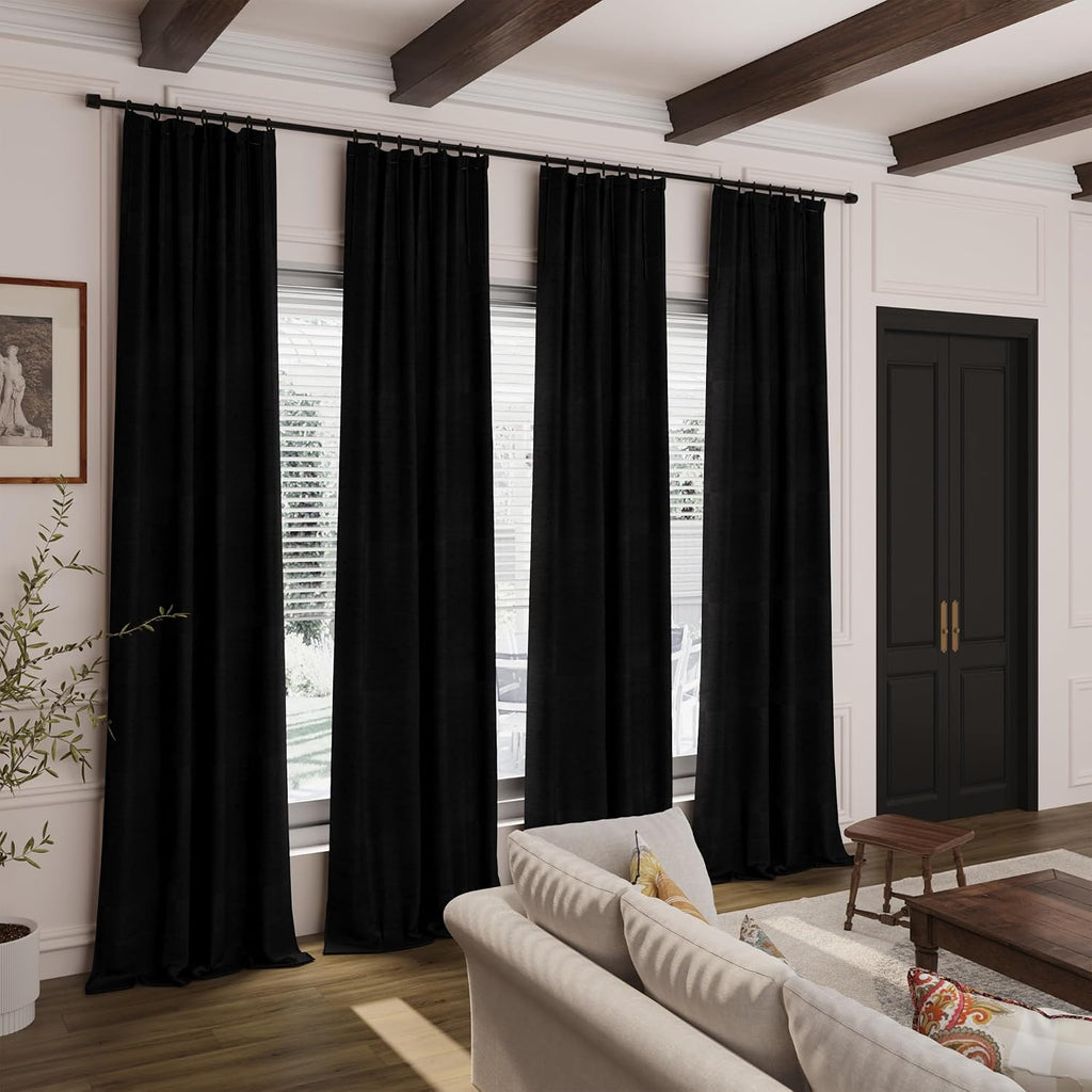 Nanspring Black 100% Blackout Linen Curtains 96 Inches Long for Bedroom Back Tab Thermal Insulated Vintage Farmhouse Decor Modern Black Out…