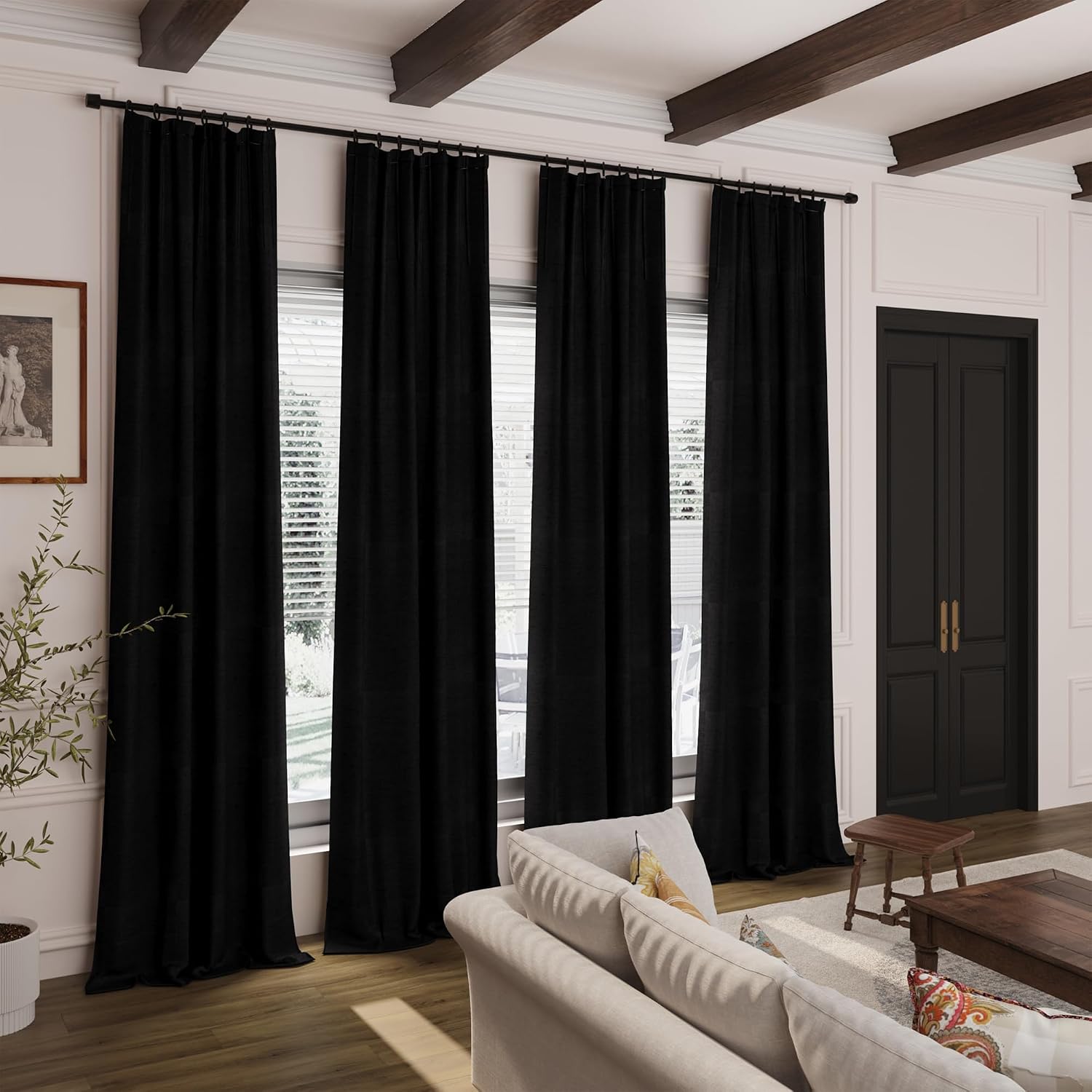 Nanspring Black 100% Blackout Linen Curtains 96 Inches Long for Bedroom Back Tab Thermal Insulated Vintage Farmhouse Decor Modern Black Out…