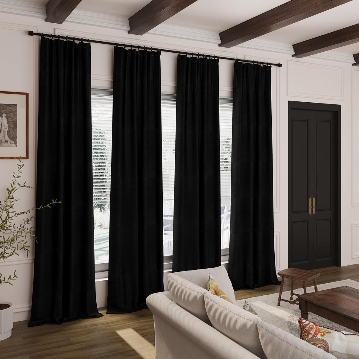 Nanspring Black 100% Blackout Linen Curtains for Bedroom 102 Inches Long Back Tab Thermal Insulated Vintage Farmhouse Decor Modern Black Ou…