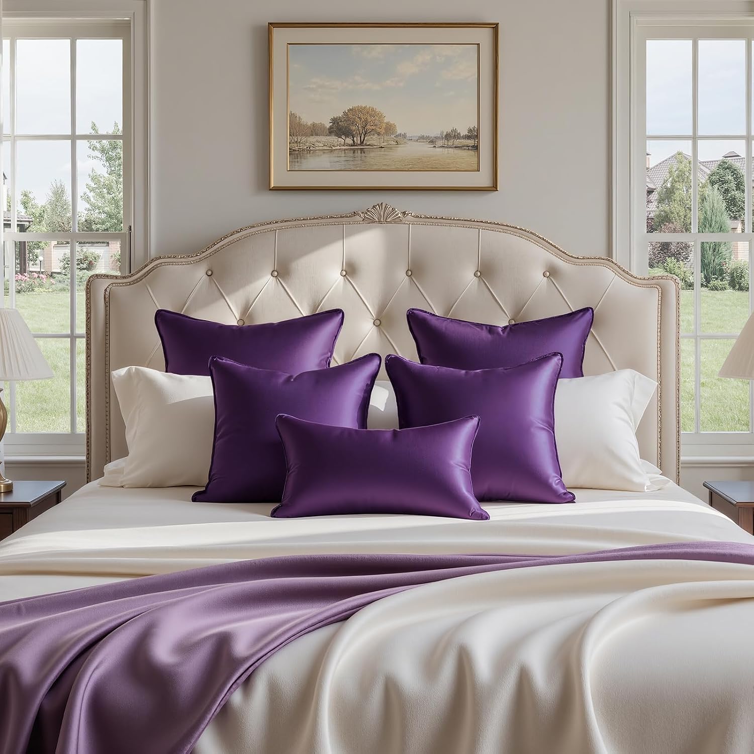 Homeideas Purple Decorative Throw Pillow Covers 18x18 Set of 2, Glossy Faux Silk Pillow Covers for Couch Sofa Bed Decor Luxury Summer Euro…