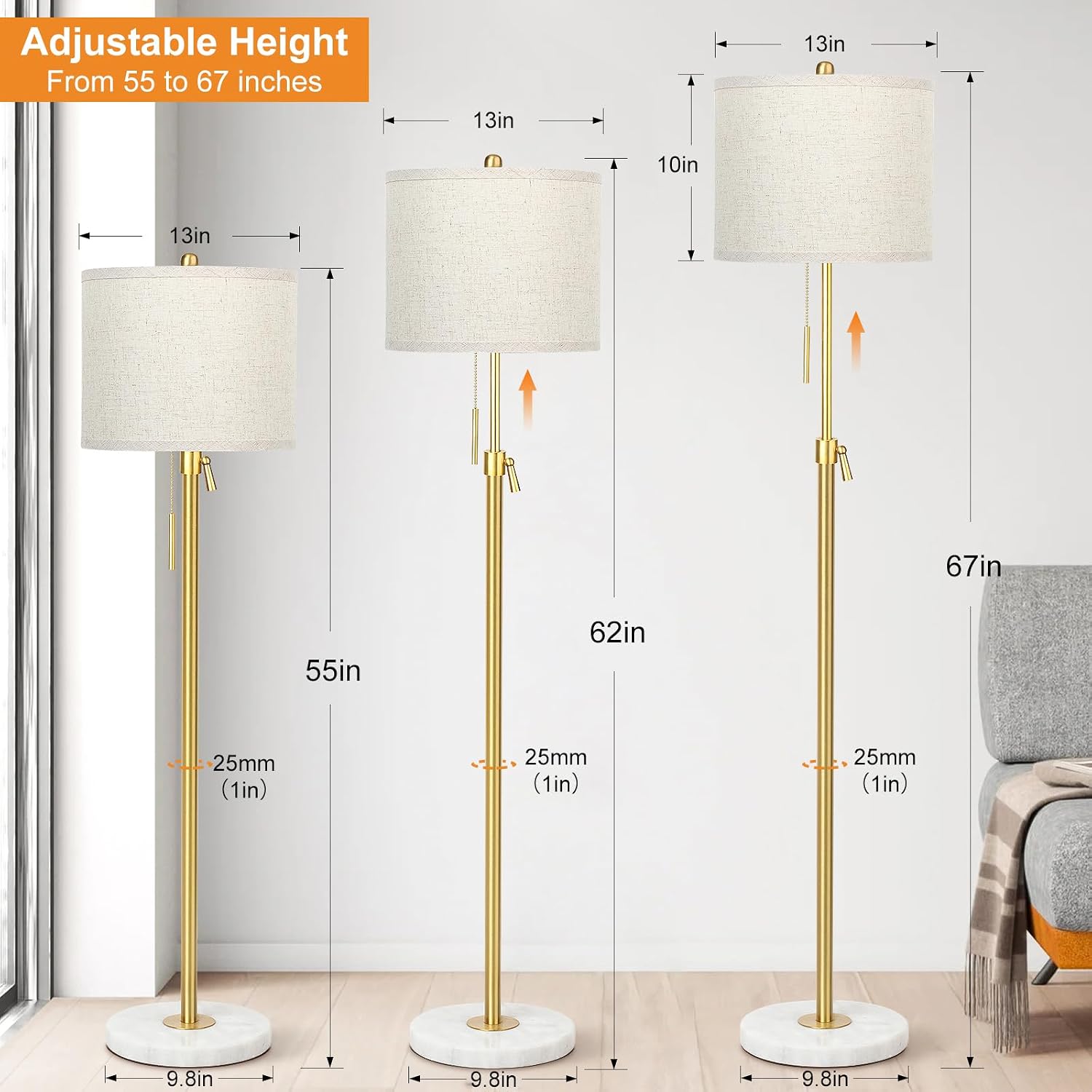 Qingmiao Modern Floor Lamp for Living Room, Adjustable Height Standing Lamp with Marble Base, Gold Tall Pole Light with Linen Shade for…