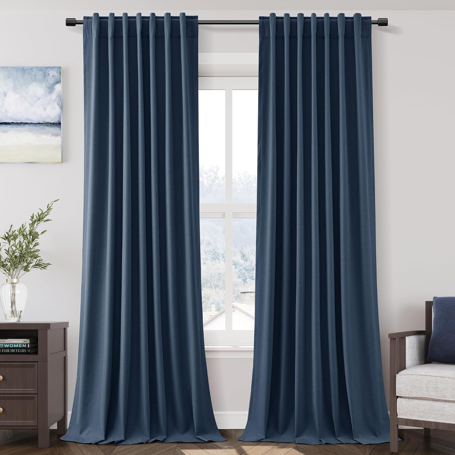 Nanspring Denim Blue 100% Blackout Linen Curtains 108 Inches Long for Bedroom Back Tab Thermal Insulated Modern Farmhouse Decor Black Out C…