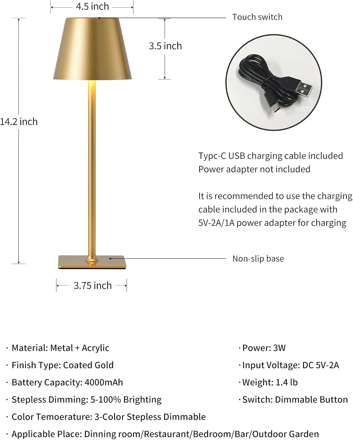 KDG 2 Pack Cordless Table Lamp, Portable LED Desk Lamps, 4000mAh Battery Operated, 3 Color Stepless Dimming Up, for Restaurant, Bedroom…