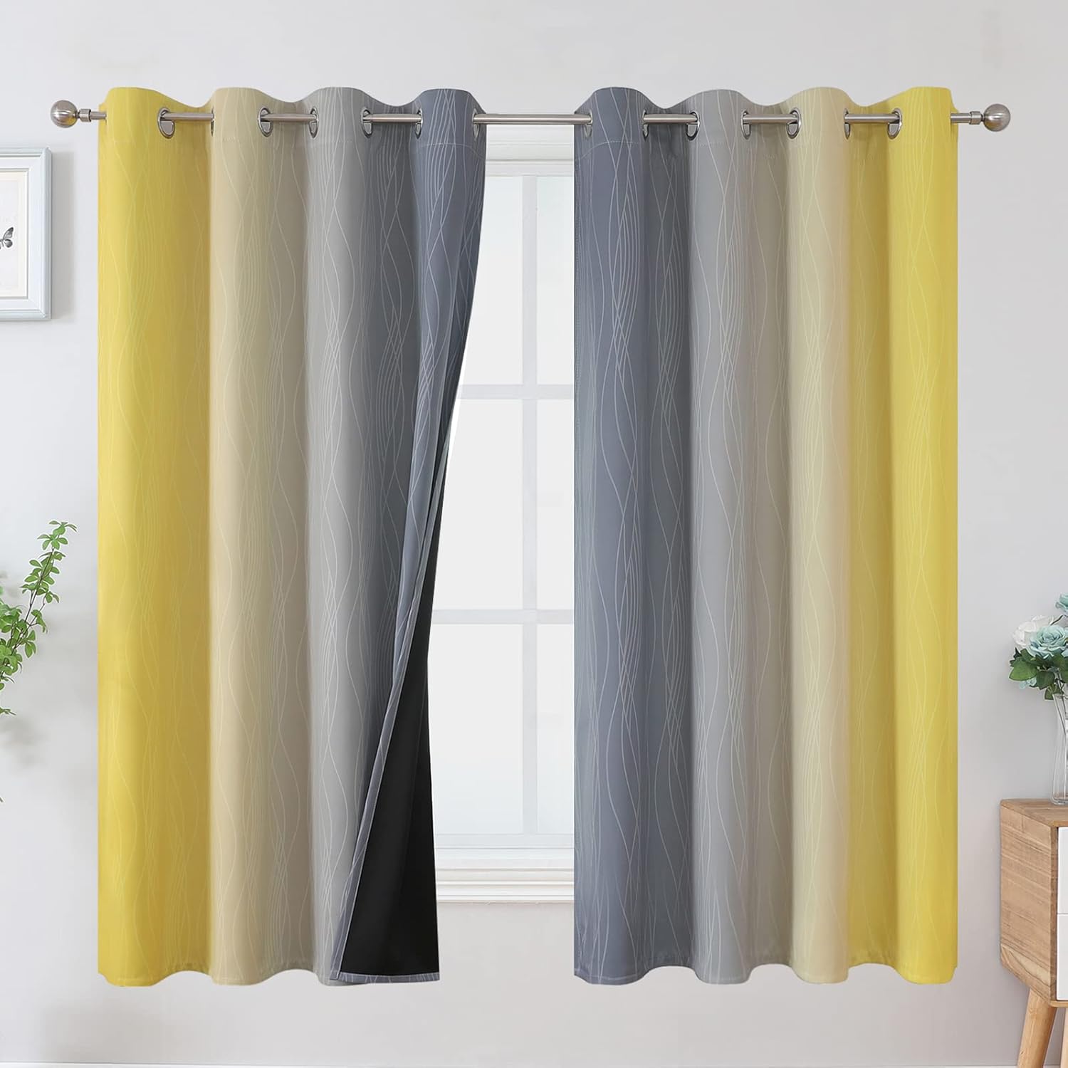 Estelartextiler Ombre Gray and Yellow Blackout Curtains 63 Inch Length 2 panels, Full Room Darkening Curtains for Kids Room, Grommet Therma…