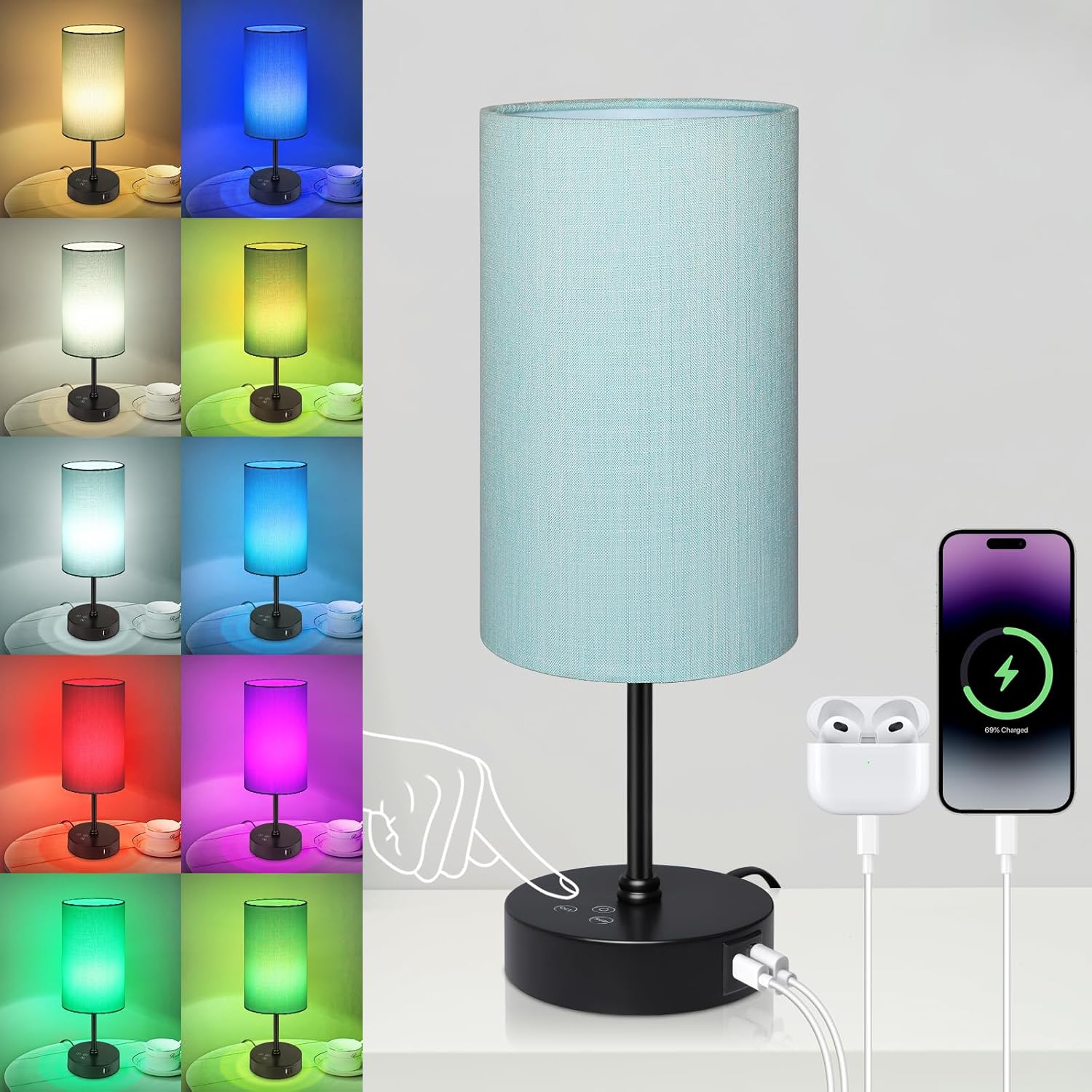 Unicozin Table Lamp for Bedroom, 3 Color Temperatures, 7 RGB Colors, Adjustable Brightness, Dual USB Charging Ports, Ambience Nightstand…