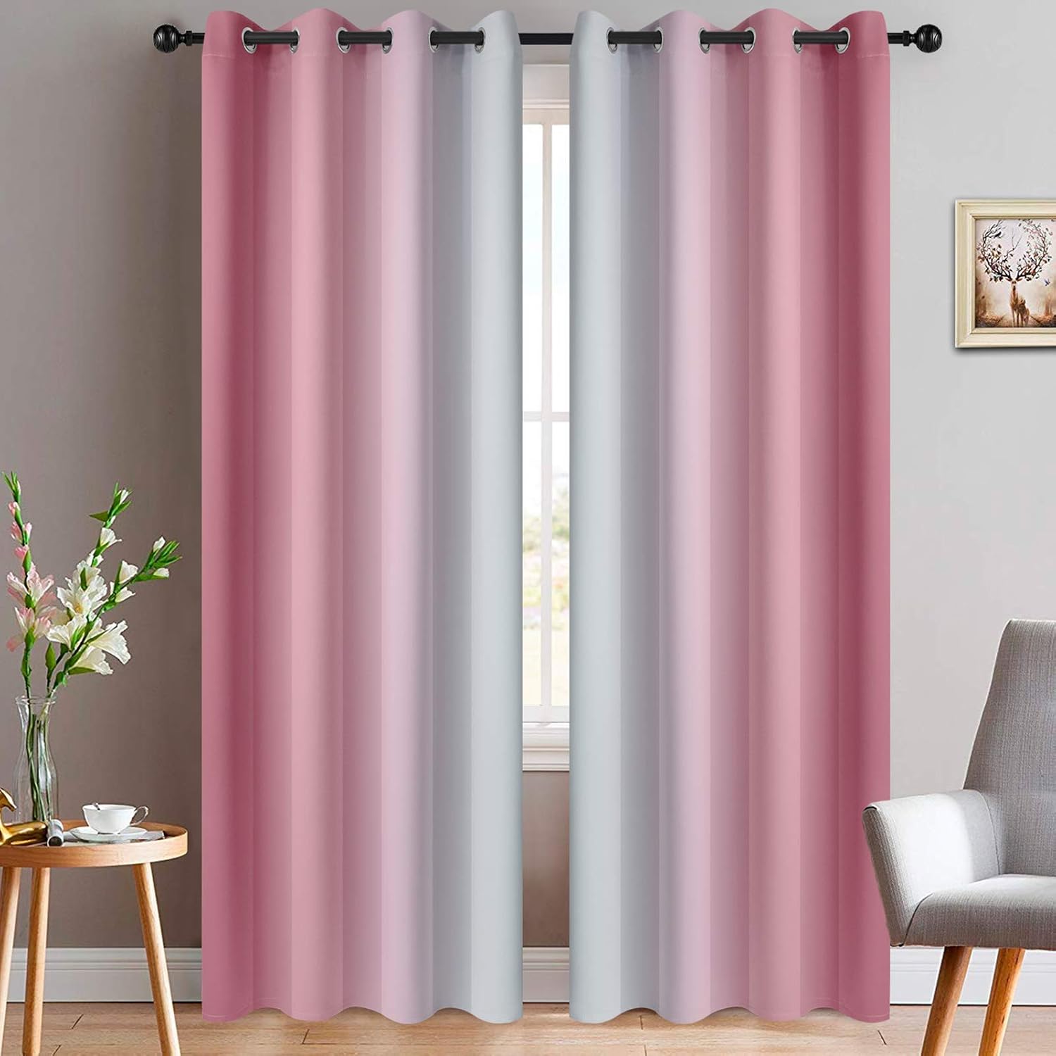 Yakamok Room Darkening Gradient Color Ombre Curtains 84 Inch Length, Thermal Insulated Grommet Window Drapes for Living Room/Bedroom (Pink…