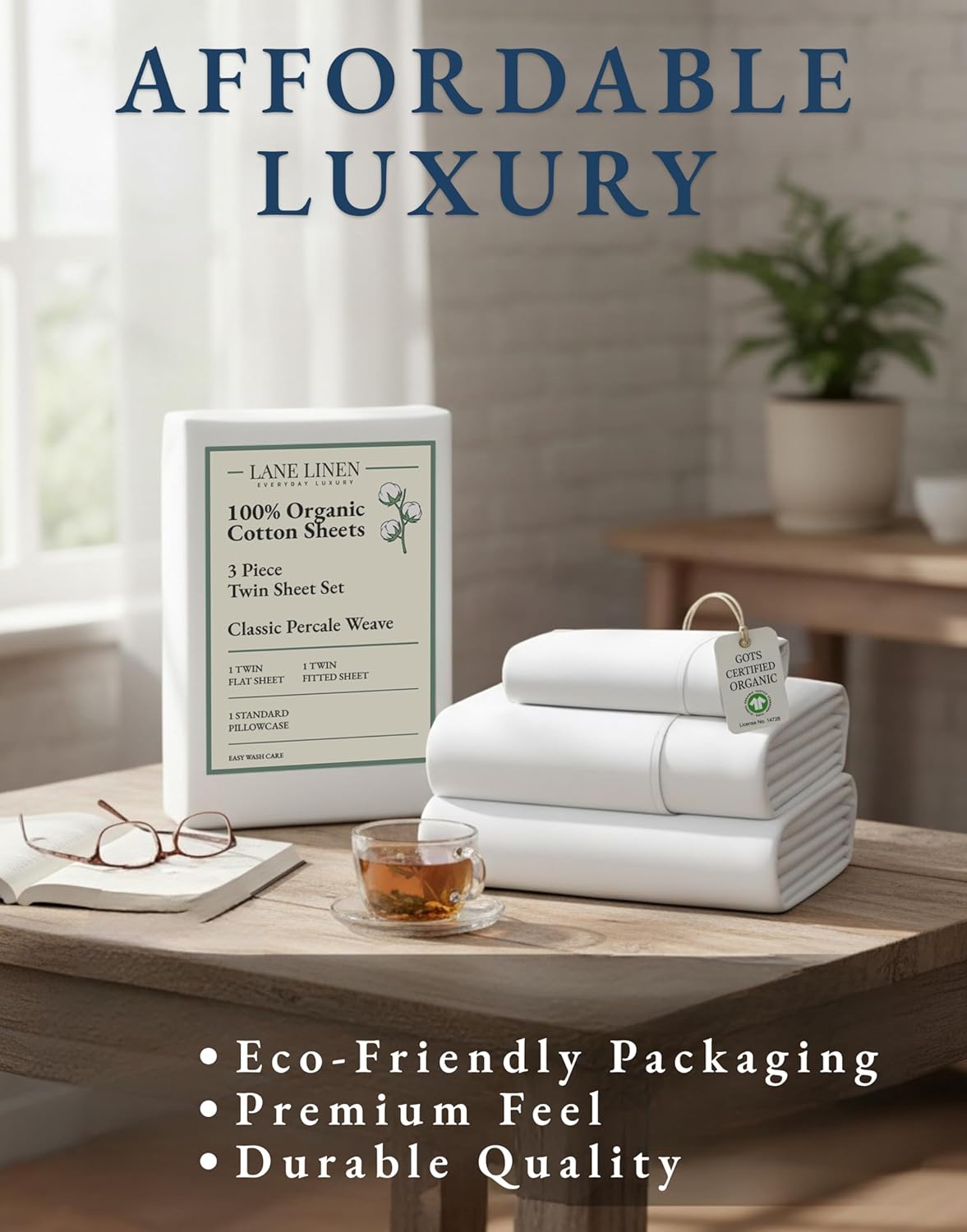 LaneLinen LANE LINEN 100% Organic Cotton Twin Sheets Set, 3Pc Twin Bed Sheets, Soft & Comfy Breathable Cotton Percale Sheets for Twin Size…