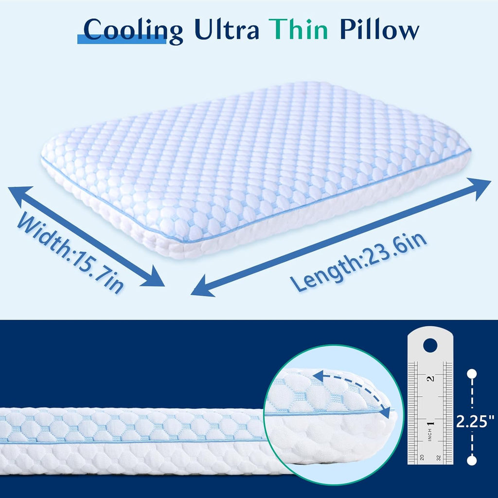 Iwacool Stomach Sleeping Pillow for Stomach & Back Sleepers, Cooling Gel Thin Memory Foam Pillows for Back Shoulder Neck - Low Profile Ultra…