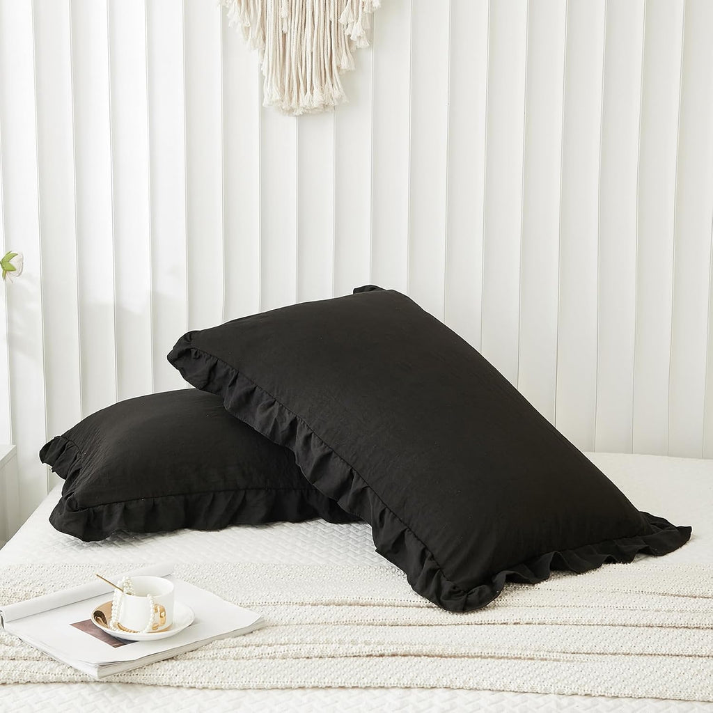 Merryword Black Pillow Shams Standard Pillowcases 20x26inch Black Ruffle Cute Pillow Cover Set of 2 Shabby Chic Soft Microfiber Pillowcases…