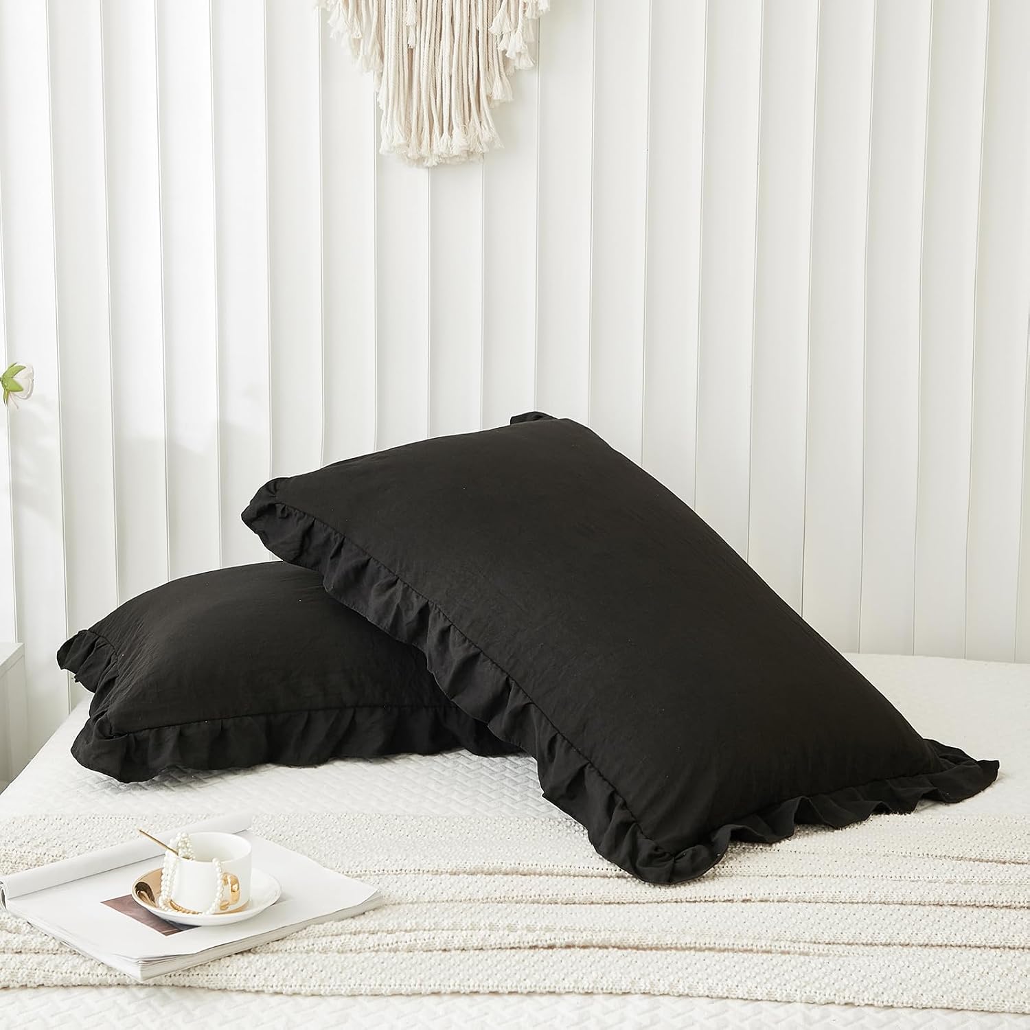 Merryword Black Pillow Shams Black Ruffle Queen Pillowcases Cute Pillow Cover Set of 2 Shabby Chic Soft Microfiber Pillowcases 2 Pack (Quee…