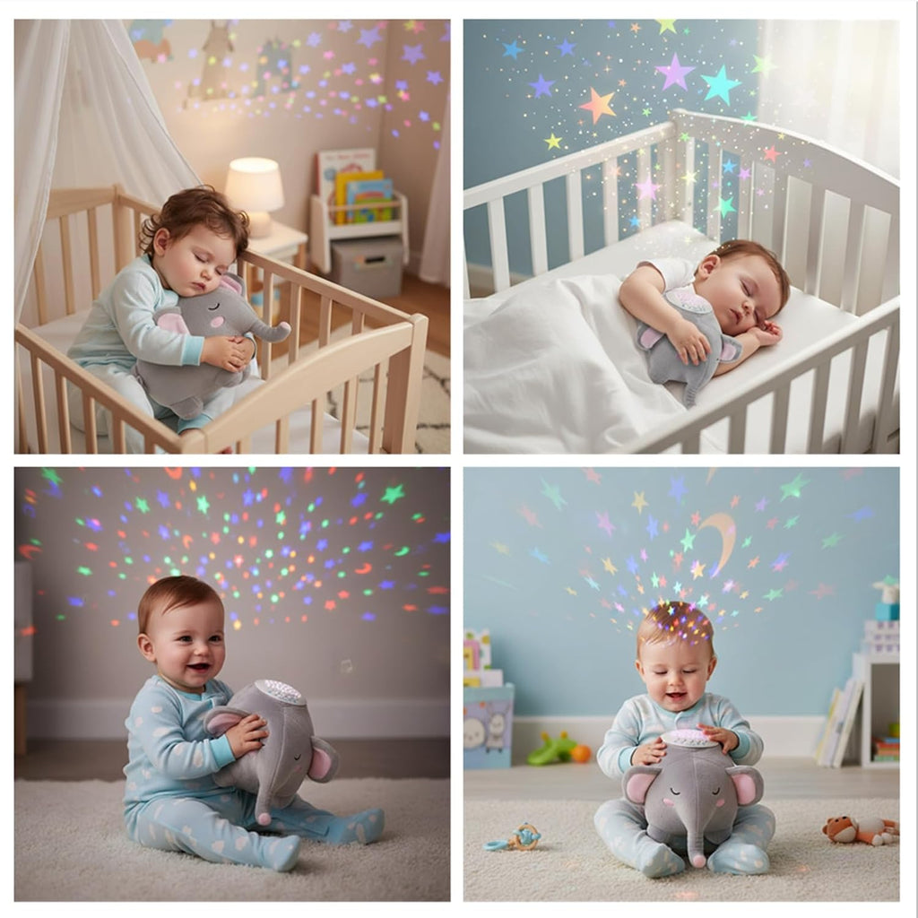 Berest Baby Elephant Soother Toy with Starry Night Light Projector, Shushing Heartbeat Plush Stuffed Animal with Lullaby Music & White Nois…