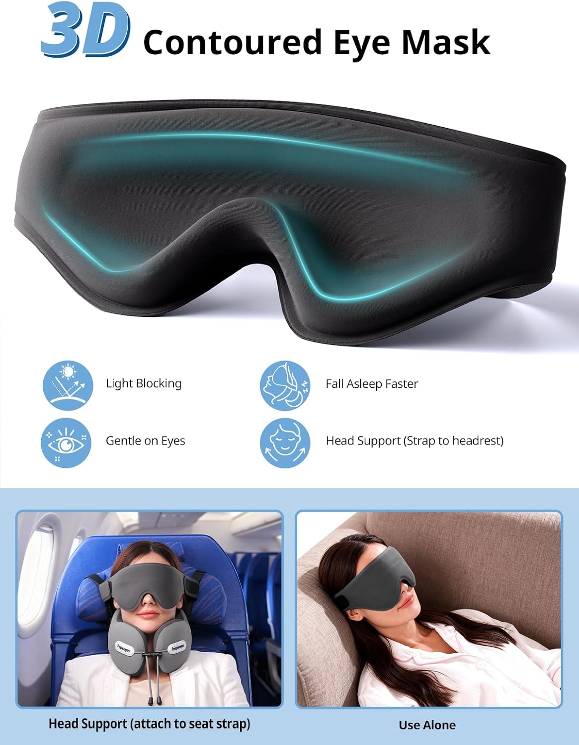 Inspireyes Neck Pillow, Travel Pillow with Seat Strap, 3D Sleep Mask, Dual Support Neck Head, High Supportive Foam Airplane Pillow for…