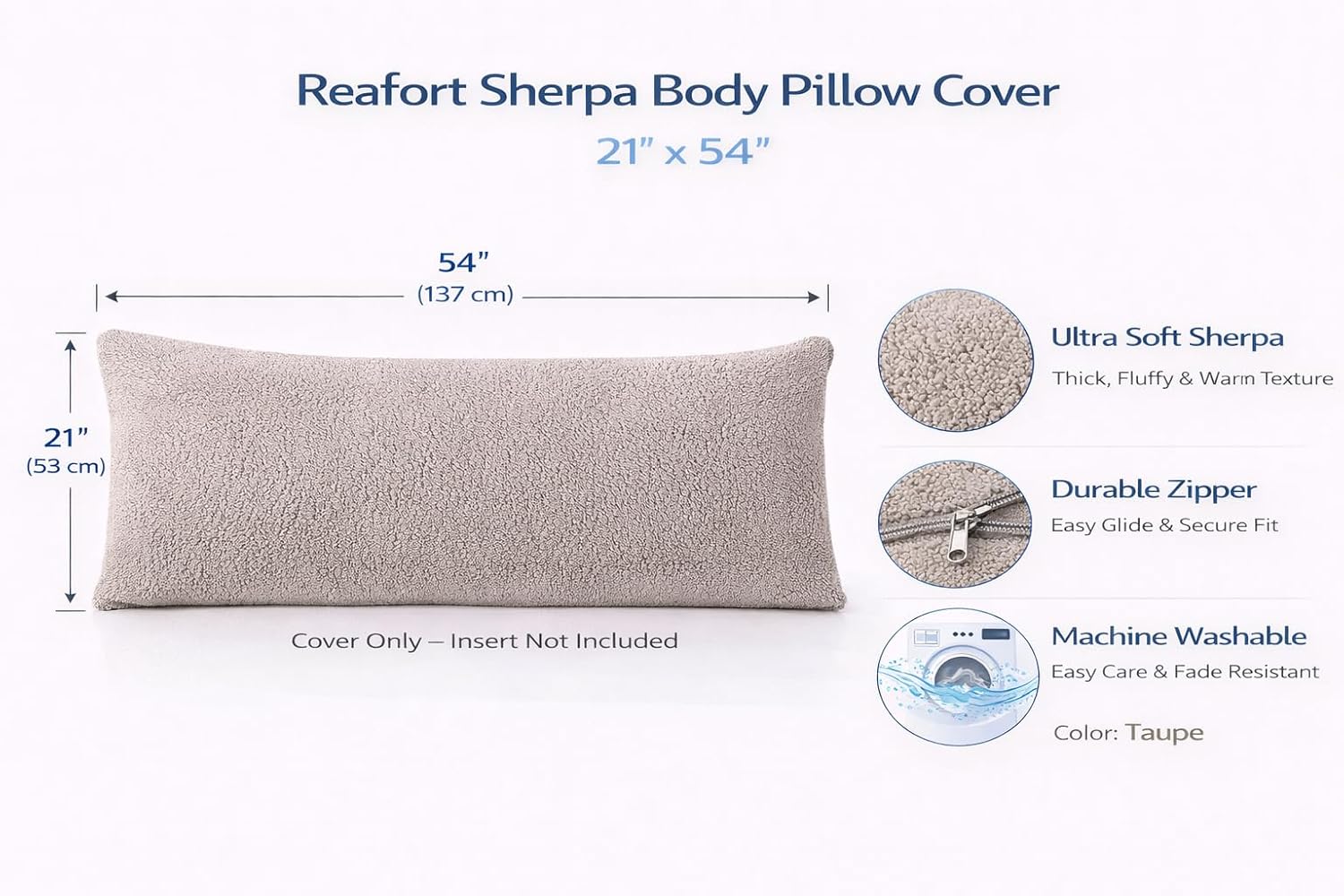 Reafort Sherpa Body Pillow Cover 21" x 54", Plush Fleece Long Body Pillowcase with Zipper Closure, Ultra Soft Fluffy Cozy Decorative…