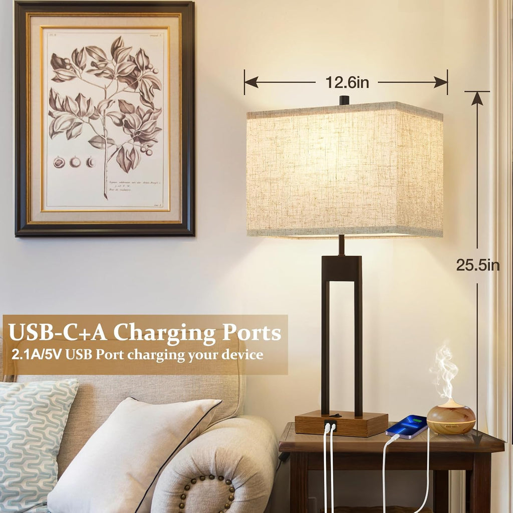 GyroVu Extra Large 25.5'' Set of 2 Modern Bedroom Table Lamps with USB C+A Ports, Color Changeable, Brown Night Stand Lamps for Bedside…