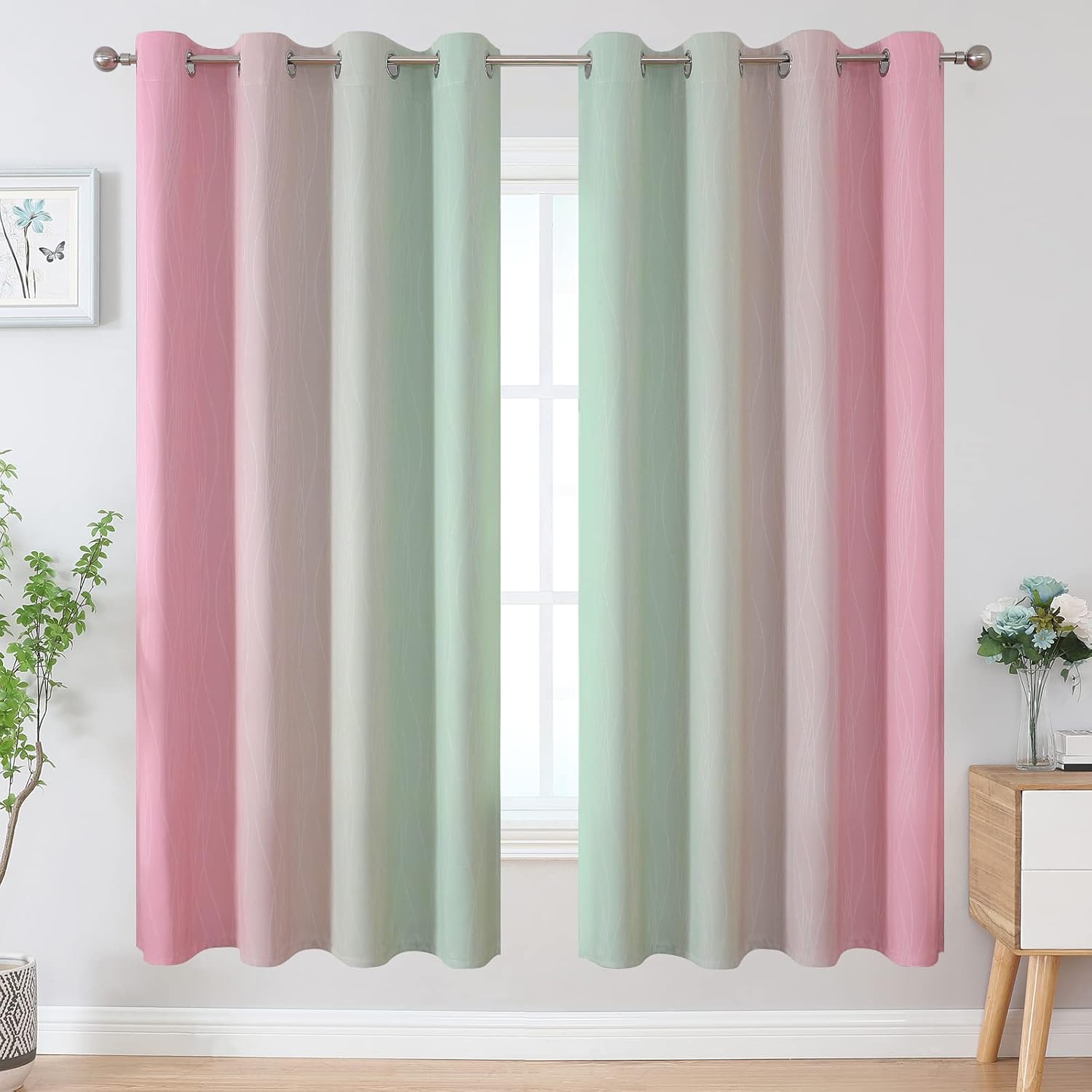 Estelartextiler Estelar Textiler Ombre Sage Green and Pink Blackout Curtains for Living Room, Thermal Insulated Full Room Darkening Grommet…