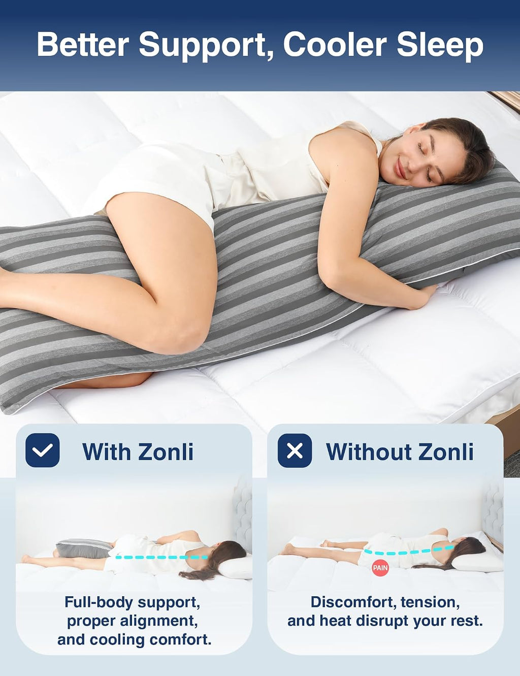Zonli Cooling Body Pillow for Adults, Long Pillow with Memory Foam Adjustable, Firm Support Body Pillow for Side Sleeper, Pregnant, Back,…