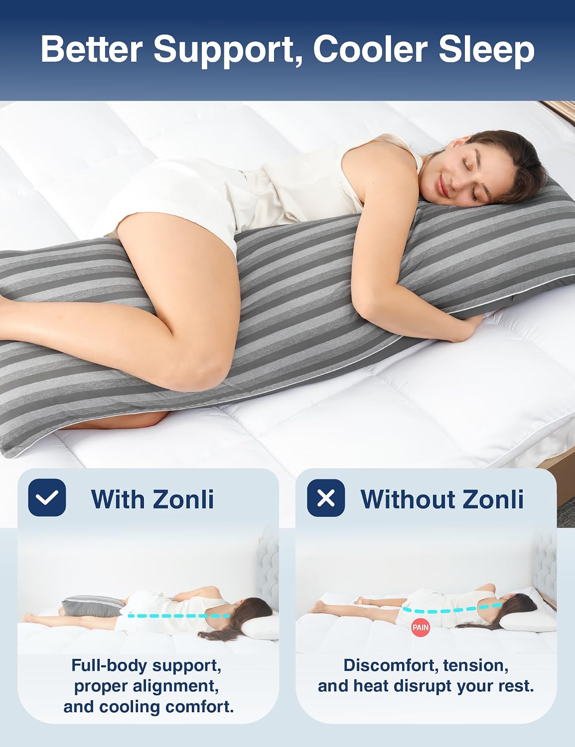 Zonli Cooling Body Pillow for Adults, Long Pillow with Memory Foam Adjustable, Firm Support Body Pillow for Side Sleeper, Pregnant, Back,…