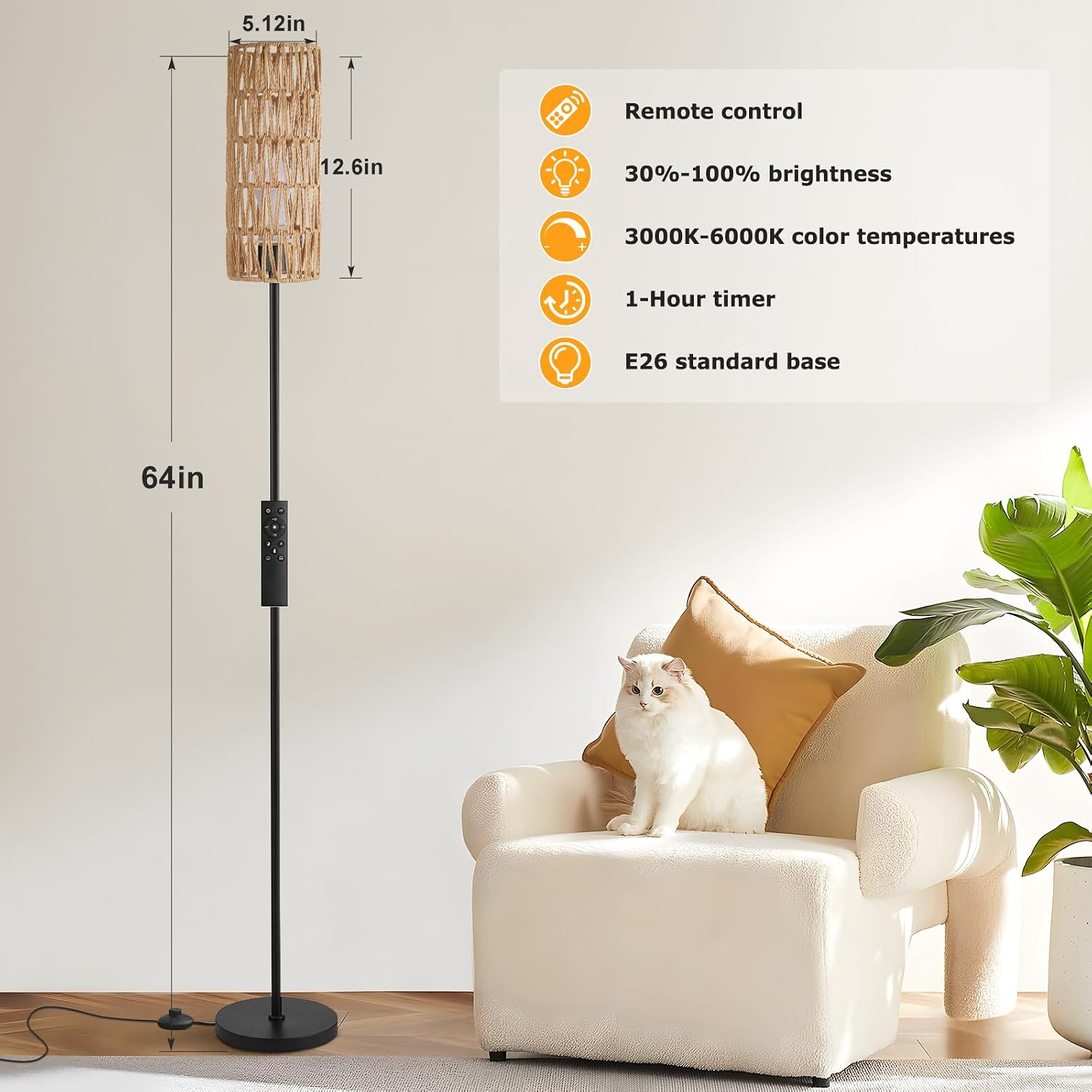 Ambimall 64'' Floor Lamps for Living Room with Remote Control and Stepless Dimmable Colors Temperature & Brightness, Boho Black Standing…