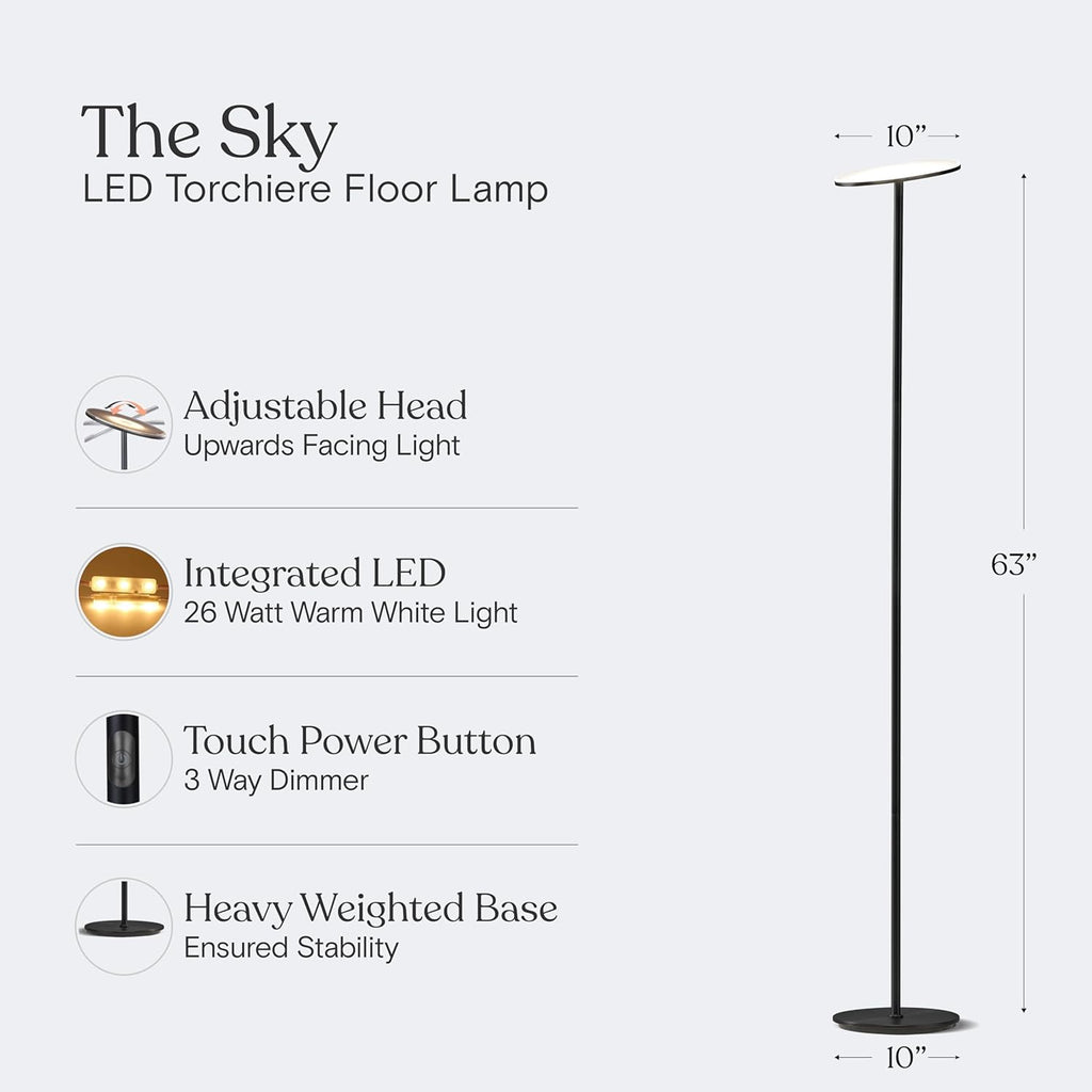 Brightech Sky LED Floor lamp, Torchiere Super Bright Floor Lamp for Living Room Decor & Office - Dimmable, Tall Standing Torch Lamp with Wa…