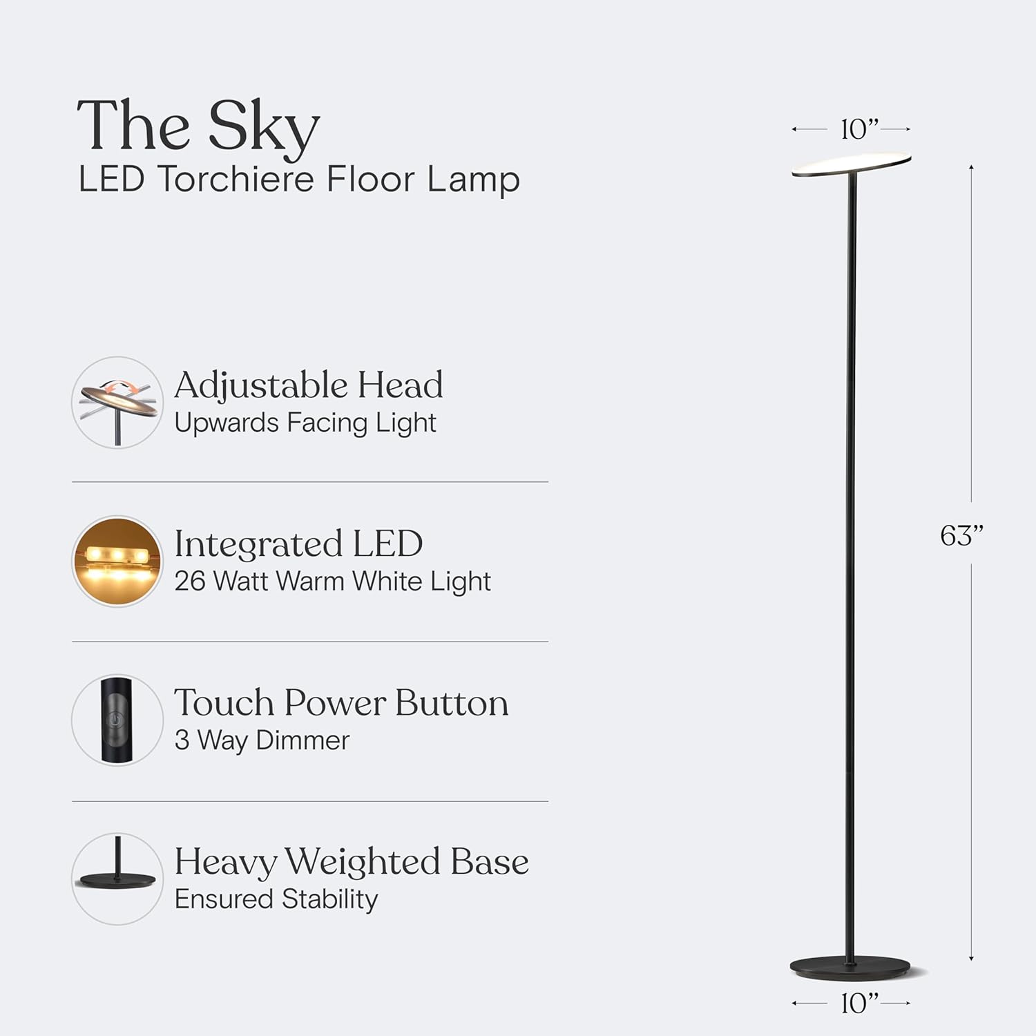 Brightech Sky LED Floor lamp, Torchiere Super Bright Floor Lamp for Living Room Decor & Office - Dimmable, Tall Standing Torch Lamp with Wa…