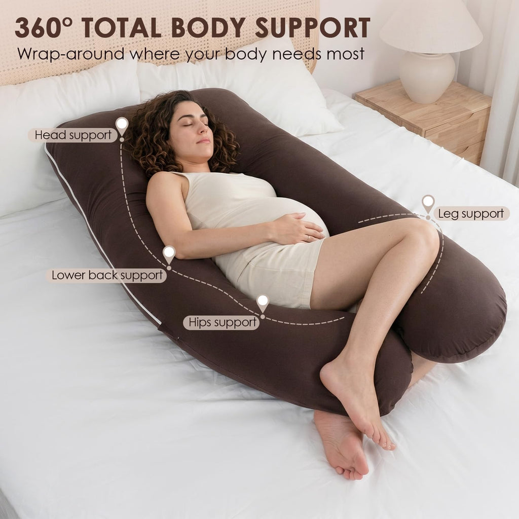Queenrose QUEEN ROSE U Shaped Pregnancy Pillow, Breathable Cotton Full Body Support for Maternity, Coffee Cotton