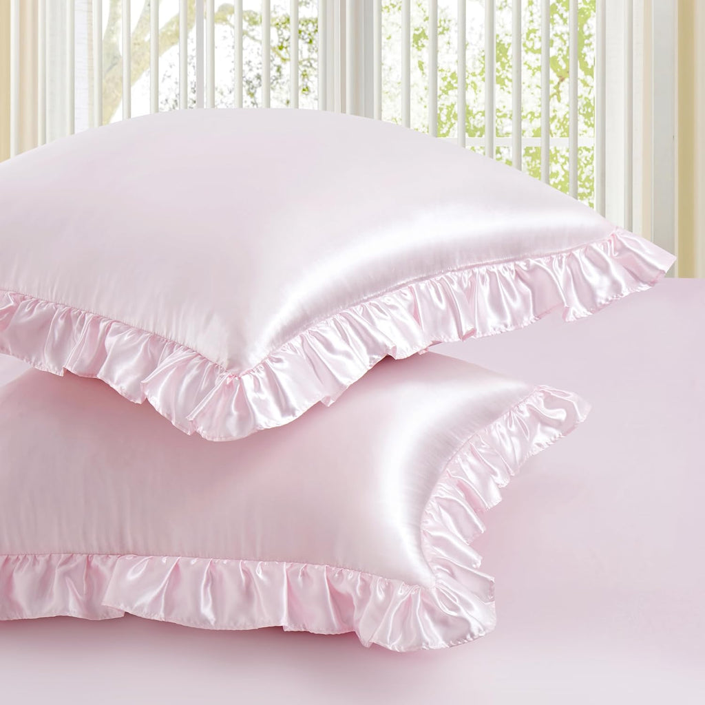 Homiest Ruffle Euro Sham Covers 26x26 Inch Set of 2, Blush Pink Satin Pillow Shams with 3 Inch Wide Decorative Ruffled, European Square…