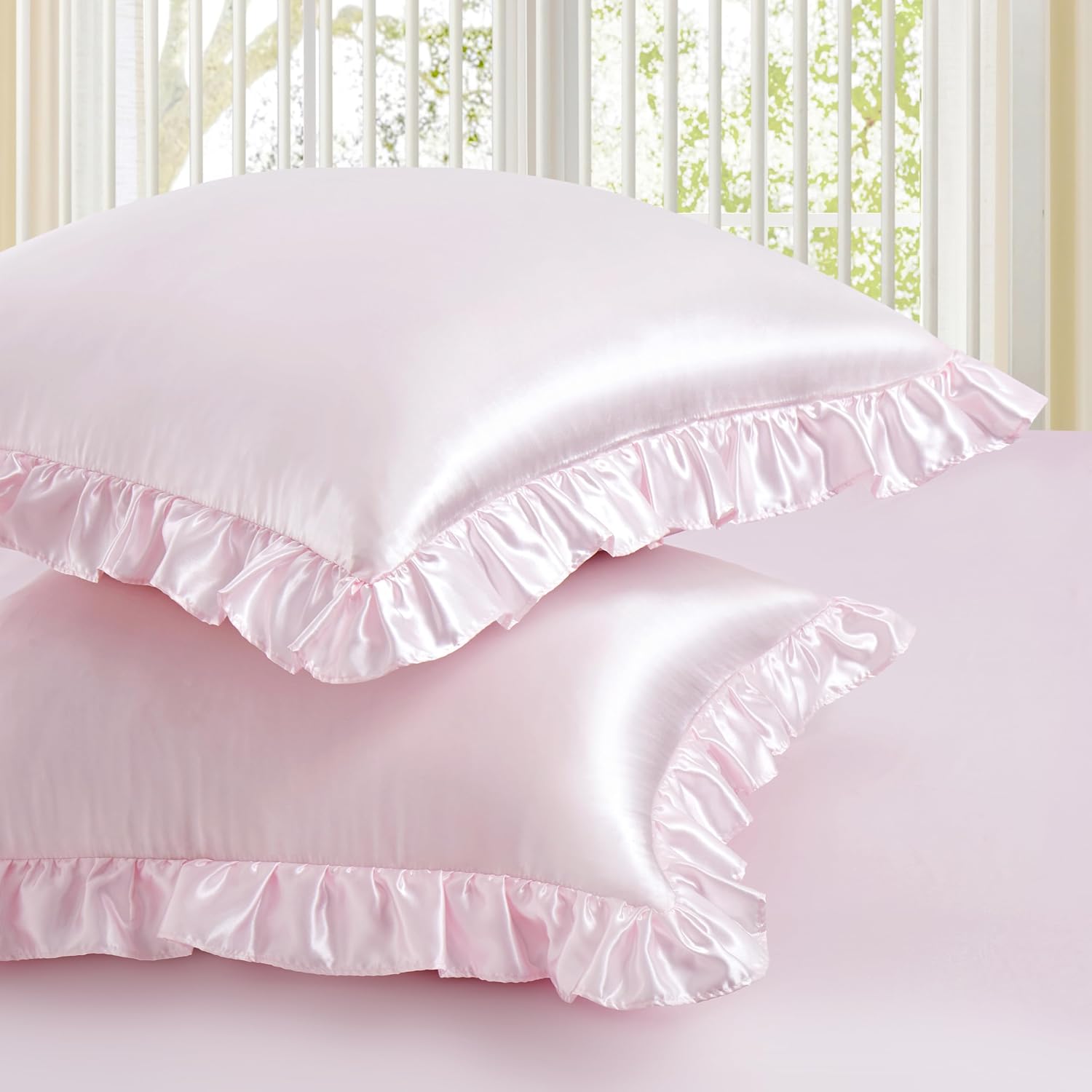 Homiest Ruffle Euro Sham Covers 26x26 Inch Set of 2, Blush Pink Satin Pillow Shams with 3 Inch Wide Decorative Ruffled, European Square…