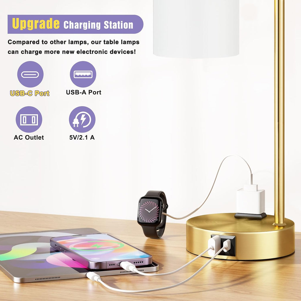 Innqoo Industrial Gold Table Lamps for Bedrooms Set of 2-3-Way Dimmable Desk Lamp with USB C+A Ports and Outlet, Gold Lamps with Opal…