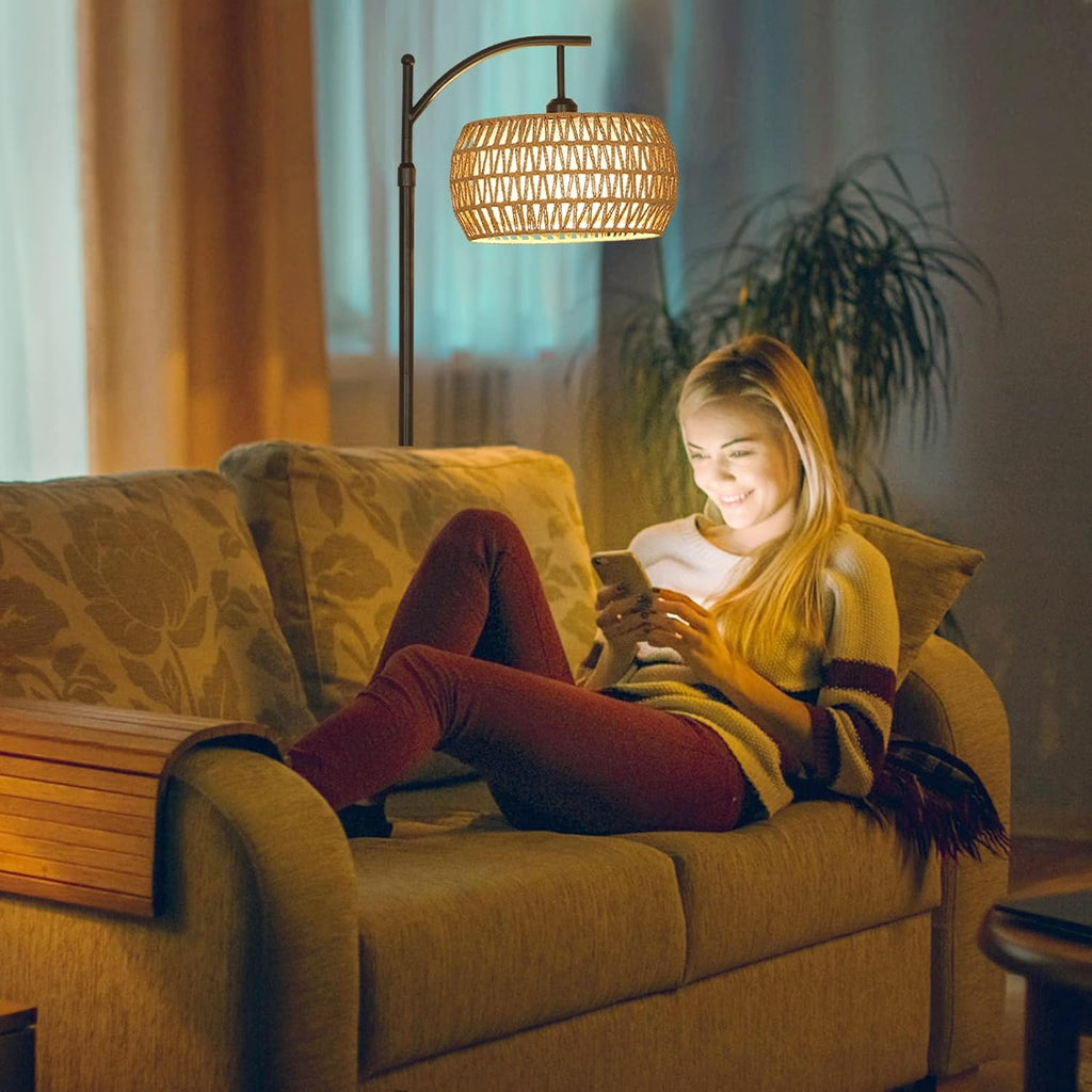 Arc Floor Lamp with Remote Control, Dimmable LED Floor Lamp with 3 Color Temperature, Black Standing Lamp with Rattan & Fabric Double…