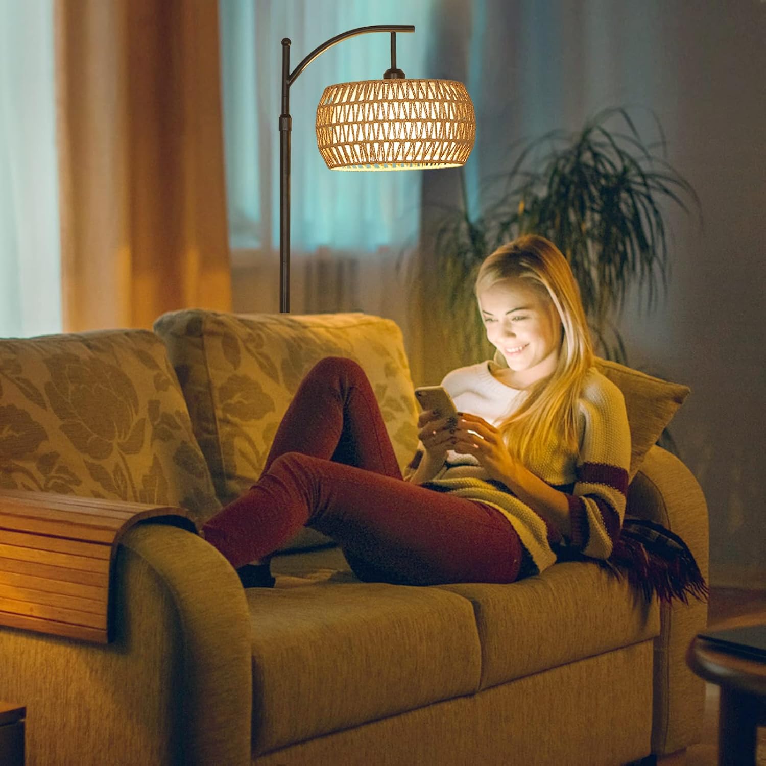 Arc Floor Lamp with Remote Control, Dimmable LED Floor Lamp with 3 Color Temperature, Black Standing Lamp with Rattan & Fabric Double…