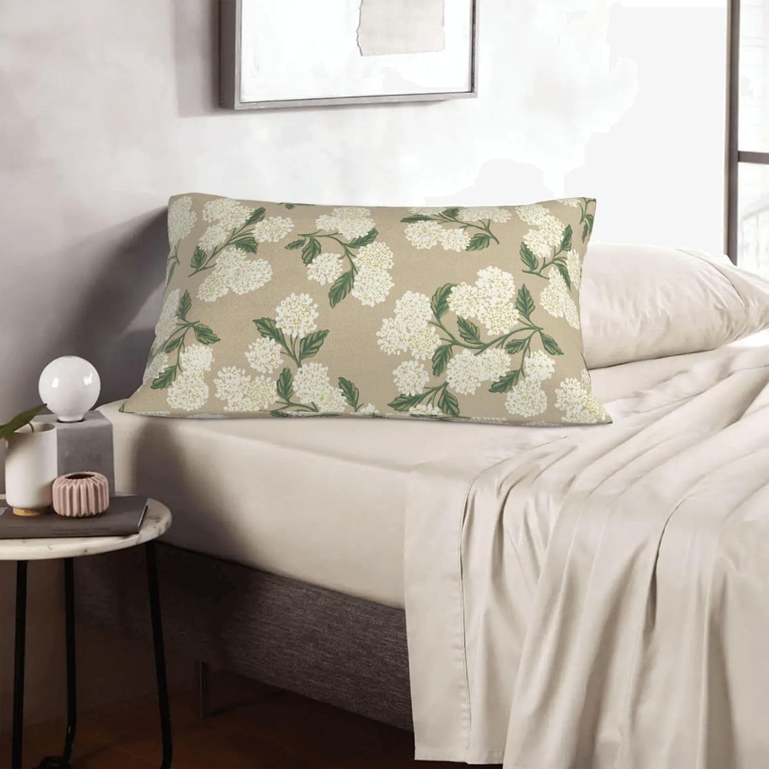 Beige Spring Pillow Covers 12x20 Inch 2 Pcs Khaki Green Hydrangea Flower Decor Throw Pillows Vintage Floral Seasonal Summer Outdoor…