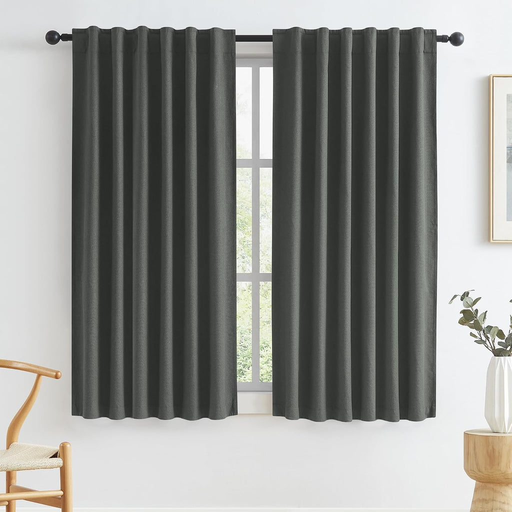 Keqiaosuocai 100% Blackout Linen Curtains, Full Shade Complete Light Blocking Drapes Back Tab Rod Pocket Hook Belt, Textured Thermal Insula…