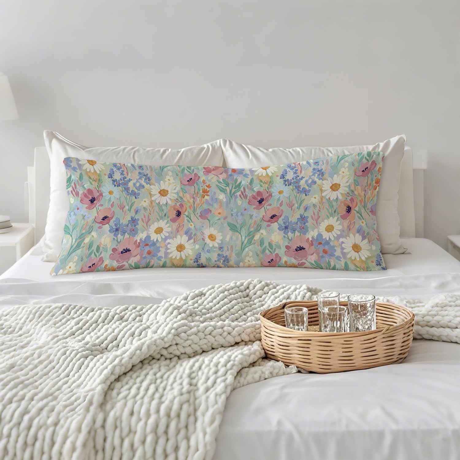 Spring Floral 20x54 Body Pillow Cover, Spring Home Room Decor, Pastel Cottagecore Botanical Wildflower Decorative Long Body Pillow Cases…