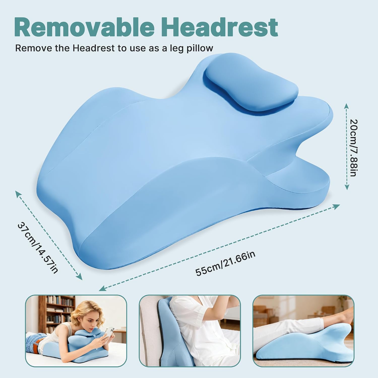 Ergonomic Memory Foam Wedge Pillow, Back and Neck Support Cushion for Reading in Bed, Sitting Up, Bed Rest and Watching TV (Blue)