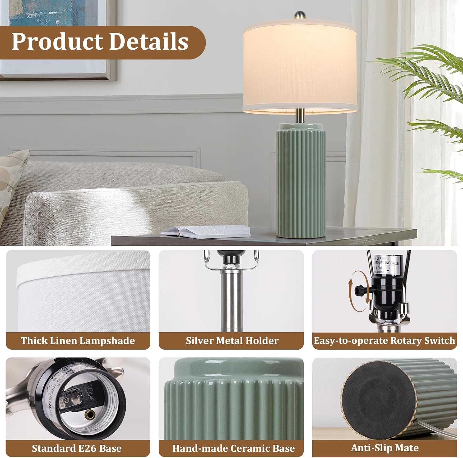 Tobusa 23.5’’ Modern Green Ceramic Table Lamps Set of 2 for Living Room, Farmhouse Ceramic Bedside Nightstand Lamps for Bedroom, Vintage De…
