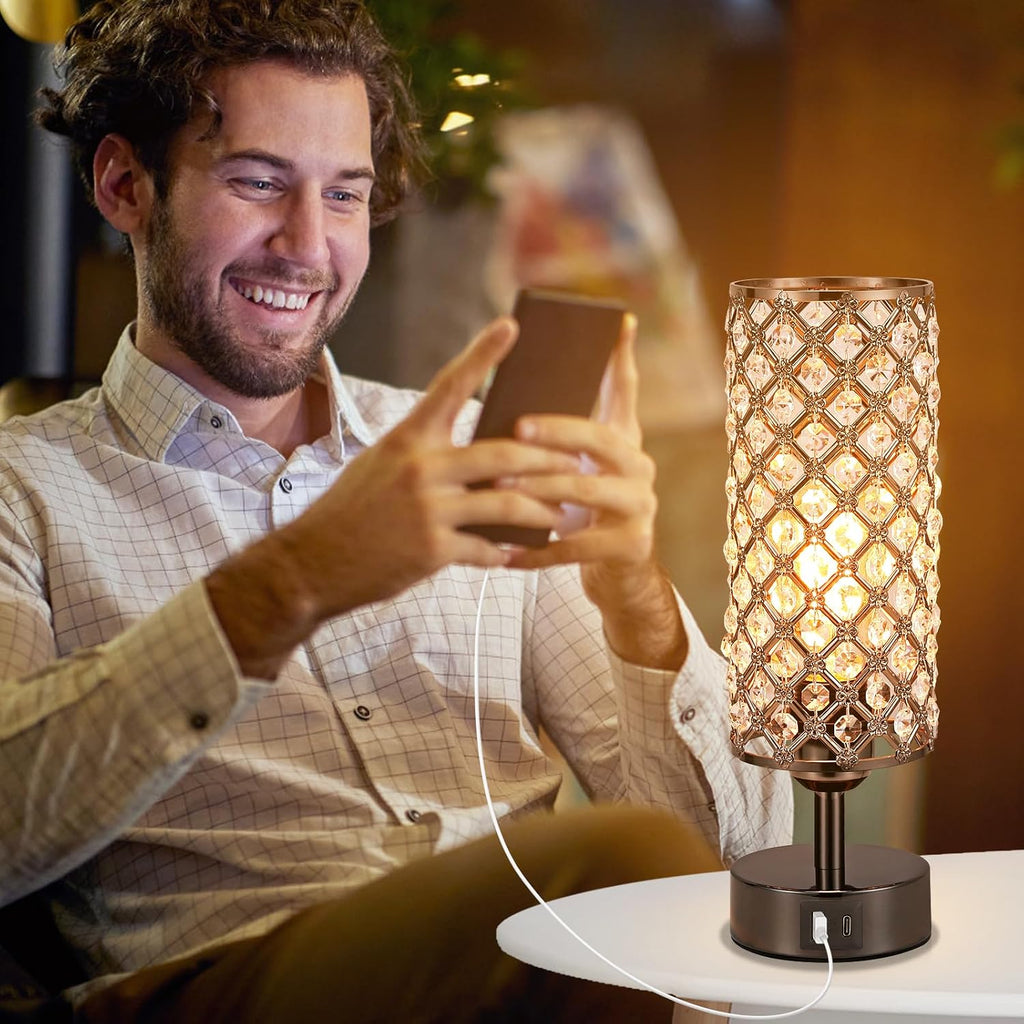 Hong-in Crystal Table Lamp, Black Lamp with USB C+A Ports, 3 Way Dimmable Light with Crystal Lampshade, Bedside Lamp Small Touch Light for…