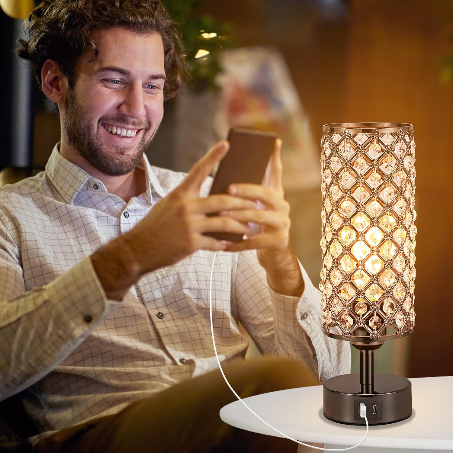 Hong-in Crystal Table Lamp, Black Lamp with USB C+A Ports, 3 Way Dimmable Light with Crystal Lampshade, Bedside Lamp Small Touch Light for…