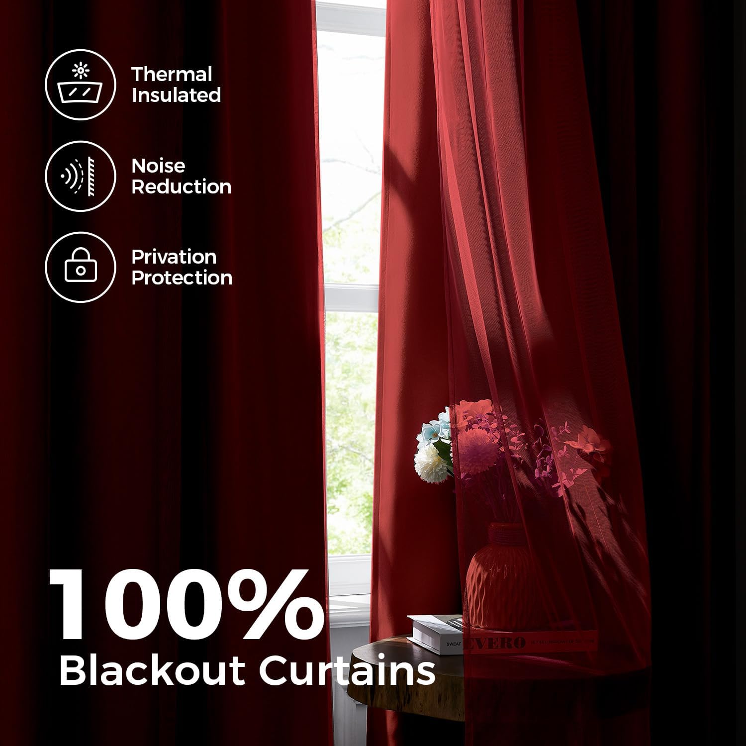 Swandream 100% Blackout Curtains for Bedroom, Double Layer Red Curtains, Black Out Curtain 84 inch Long with Sheer Overlay for Living Room,…