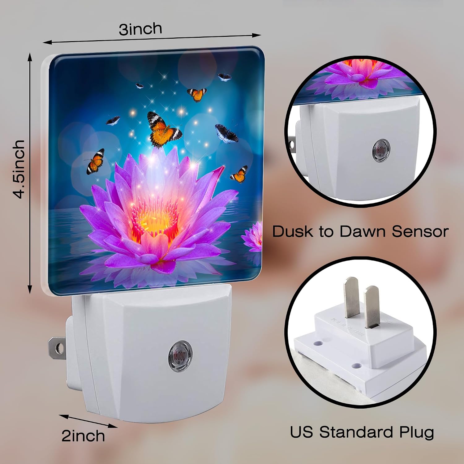 Purple Lotus Flowers Butterflies Night Light for Kids, Glowing Lotus Butterfly Night Light Plug in with Dusk to Dawn Sensor,0.5w Energy…