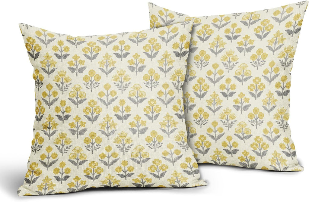Yellow Grey Gray Floral Pillow Covers 22x22 Inch Set of 2, Vintage Flower Block Print Pattern Decorative Throw Pillowcases Outdoor…