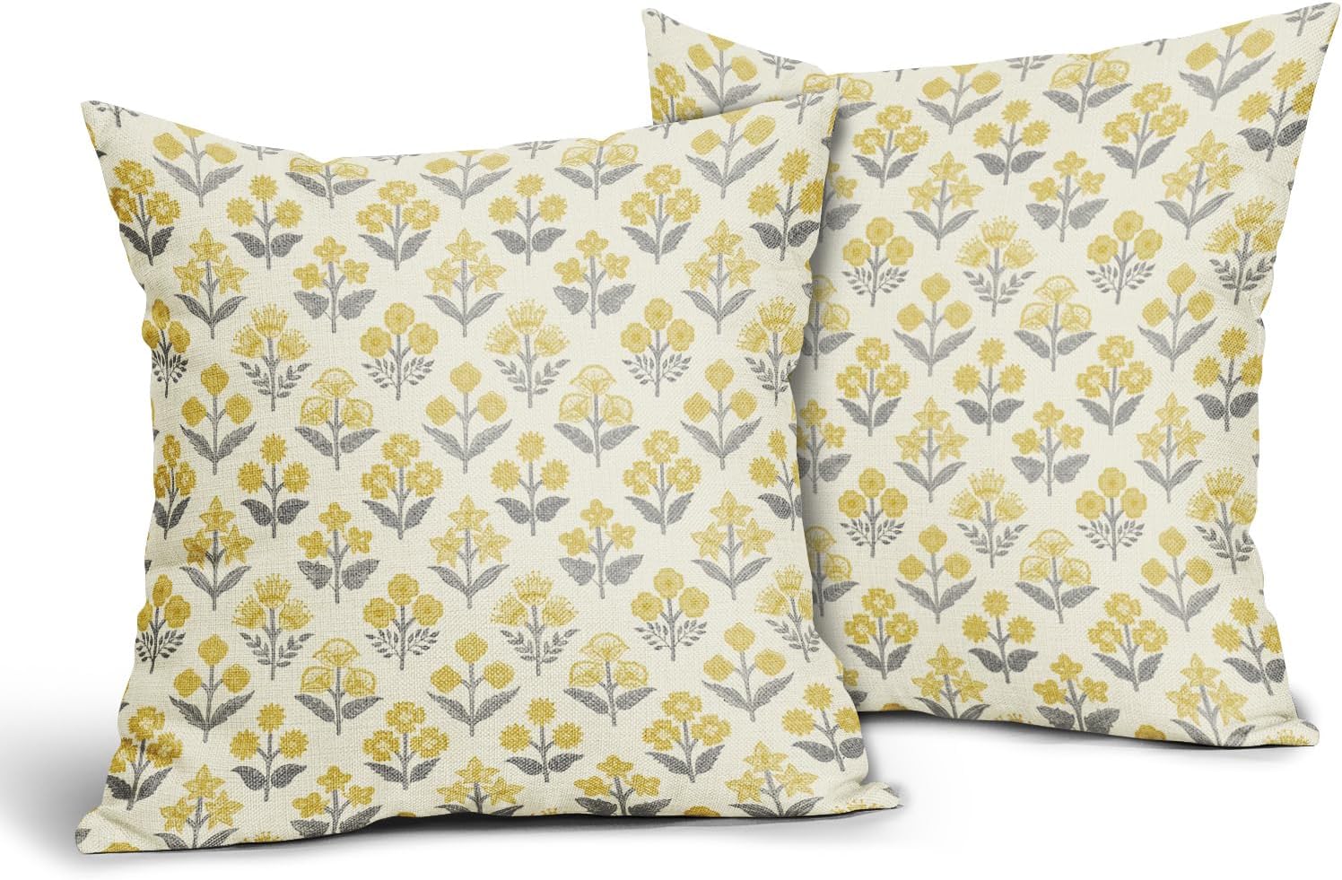 Yellow Grey Gray Floral Pillow Covers 22x22 Inch Set of 2, Vintage Flower Block Print Pattern Decorative Throw Pillowcases Outdoor…