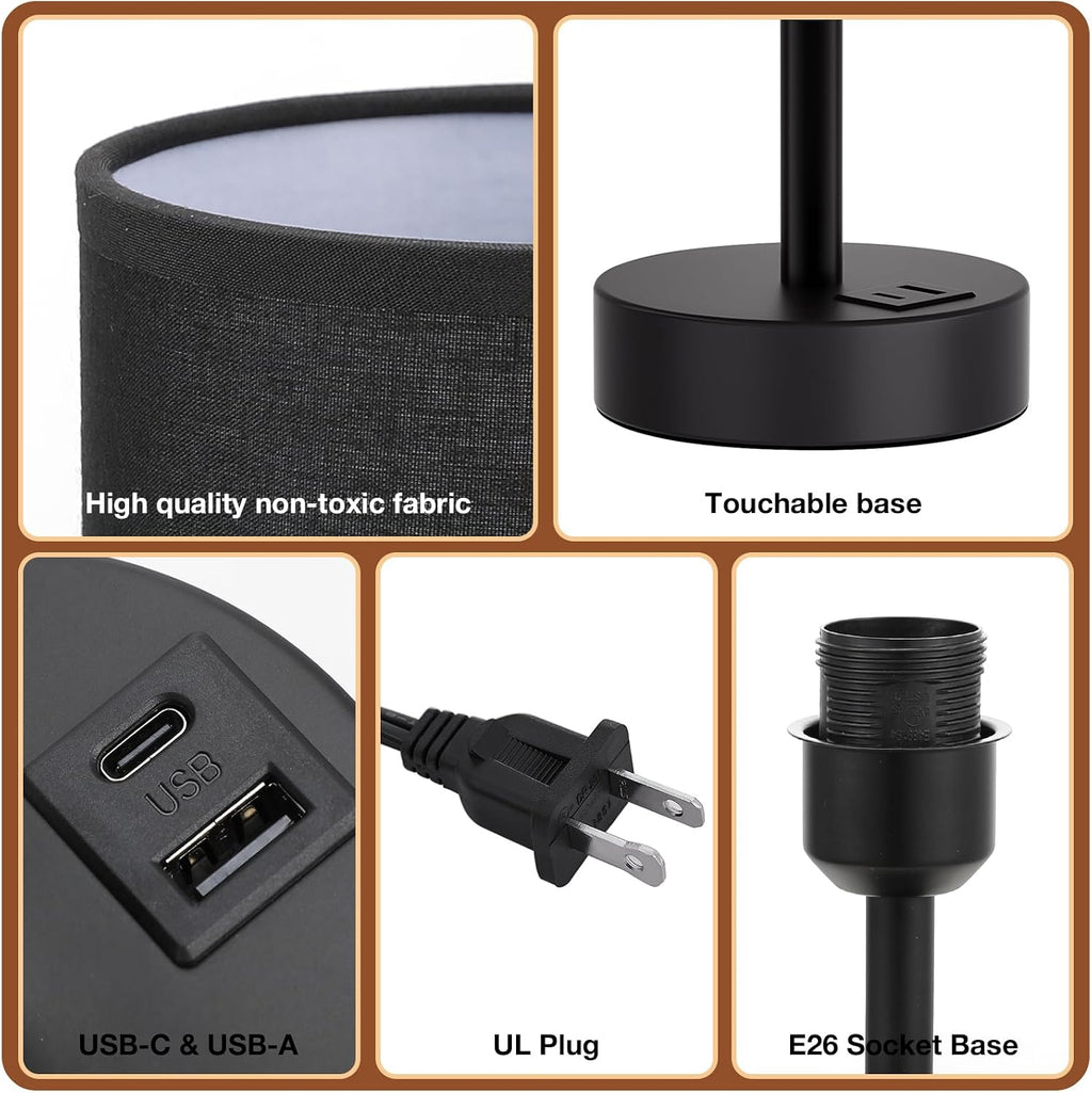 Dicoool Black Touch Bedroom Lamp with USB - 3 Way Dimmable Table Lamp for Bedroom, Nightstand Lamp with Black Charging Station for Desk…